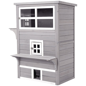 Three-Tier wooden Kitten Shelter, Outdoor Cat House, with Jumping Platforms, Asphalt Roof, Doors - Grey