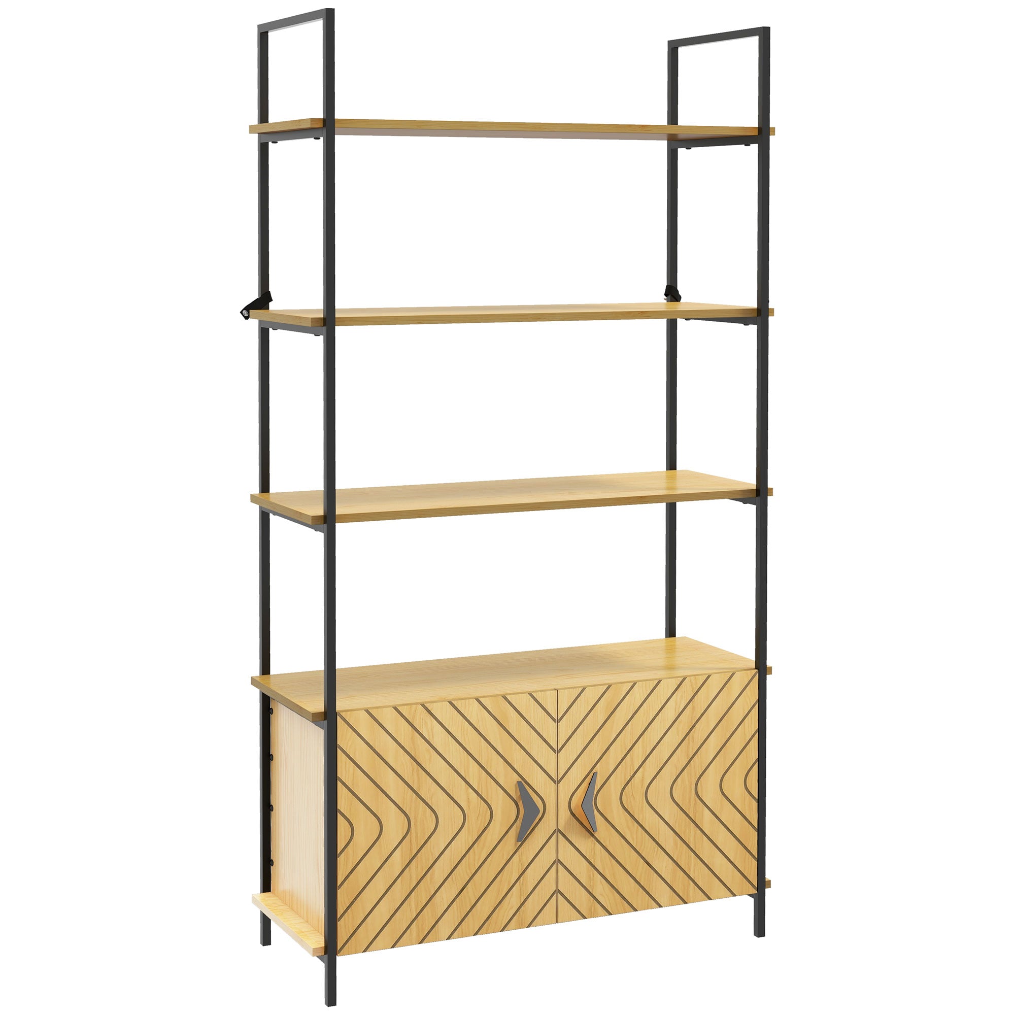 Bookcase 4-Tier Storage Shelf with Double Door Cabinet and Metal Frame for Living Room, Bedroom, Oak Tone