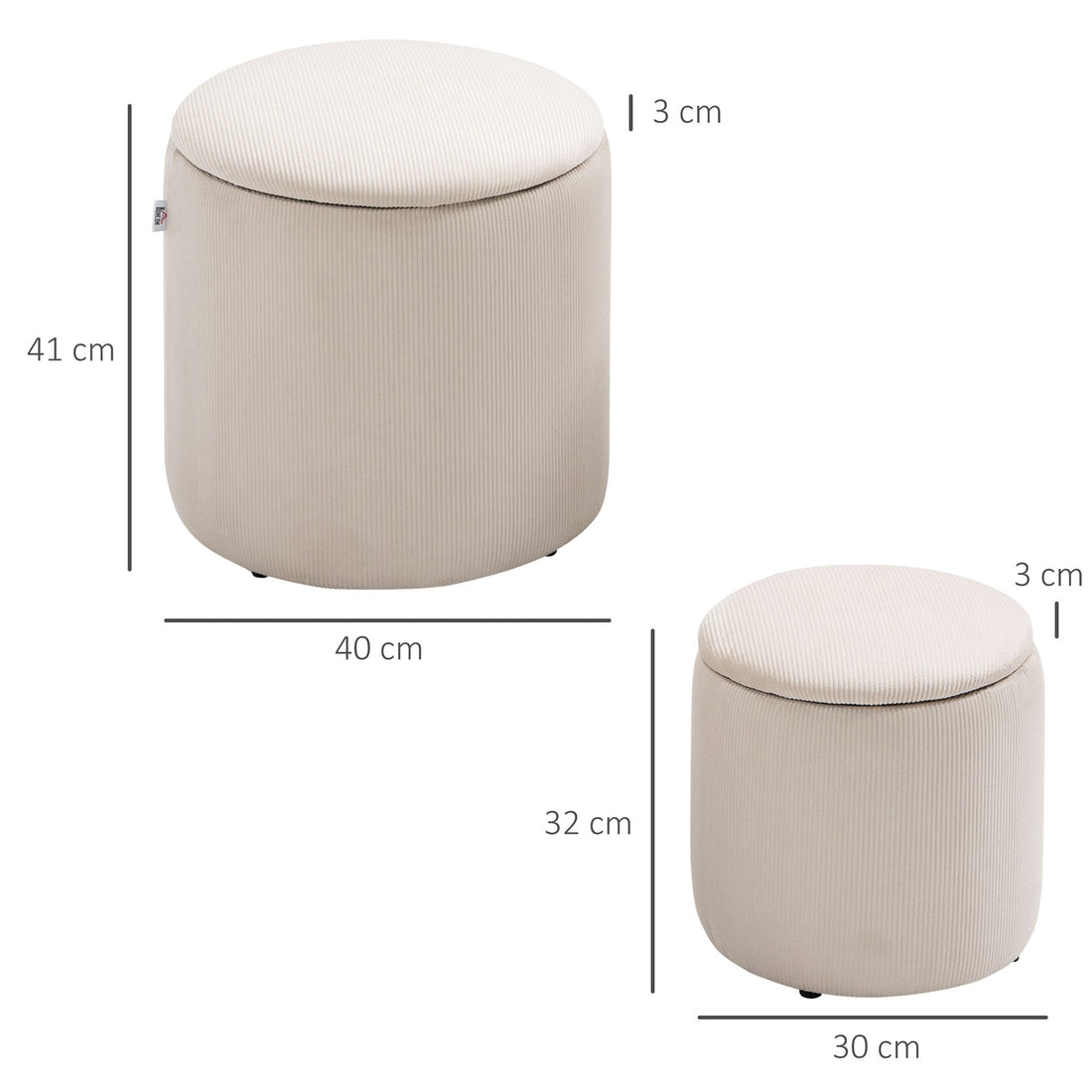 Modern Fabric Storage Ottoman with Removable Lid, Dressing Table Stool, Footstool, Set of 2, Cream White