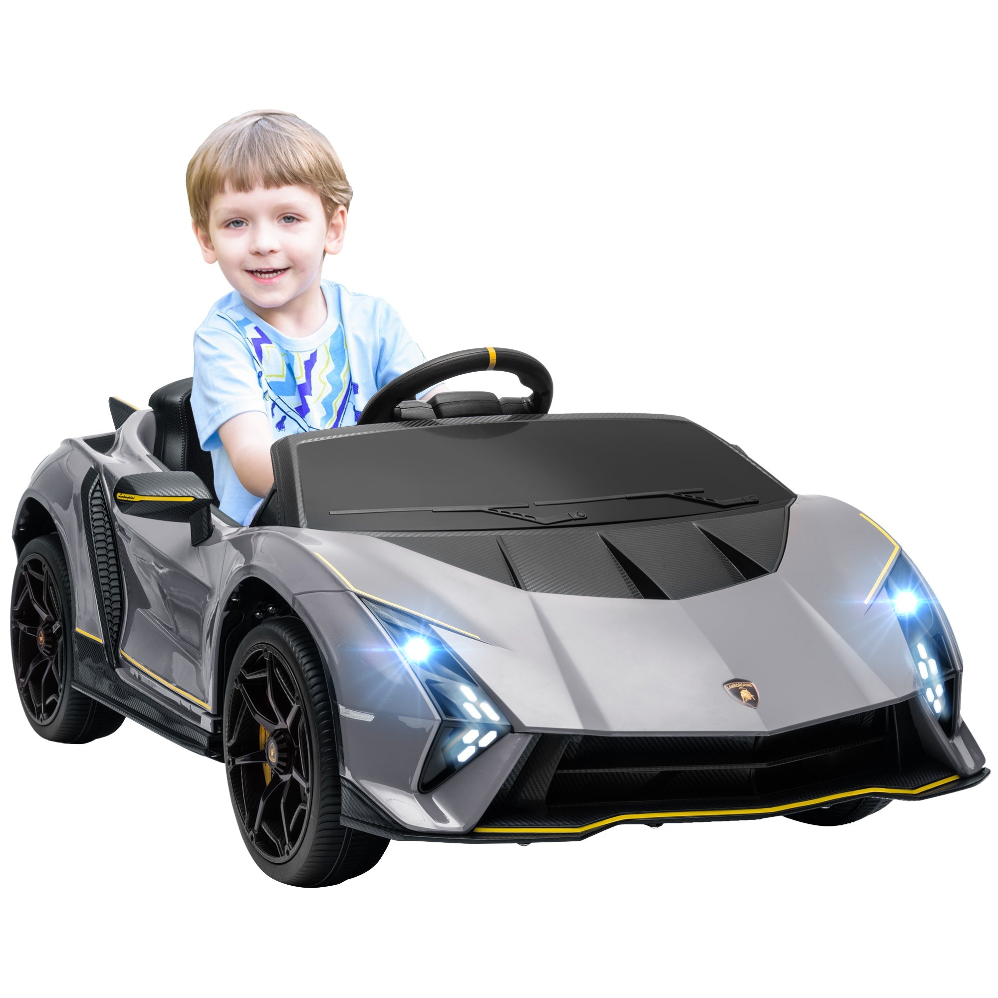 12V Lamborghini Autentica Licensed Kids Electric Car with Remote Control, 4 Suspension Wheels, Soft Start, Grey