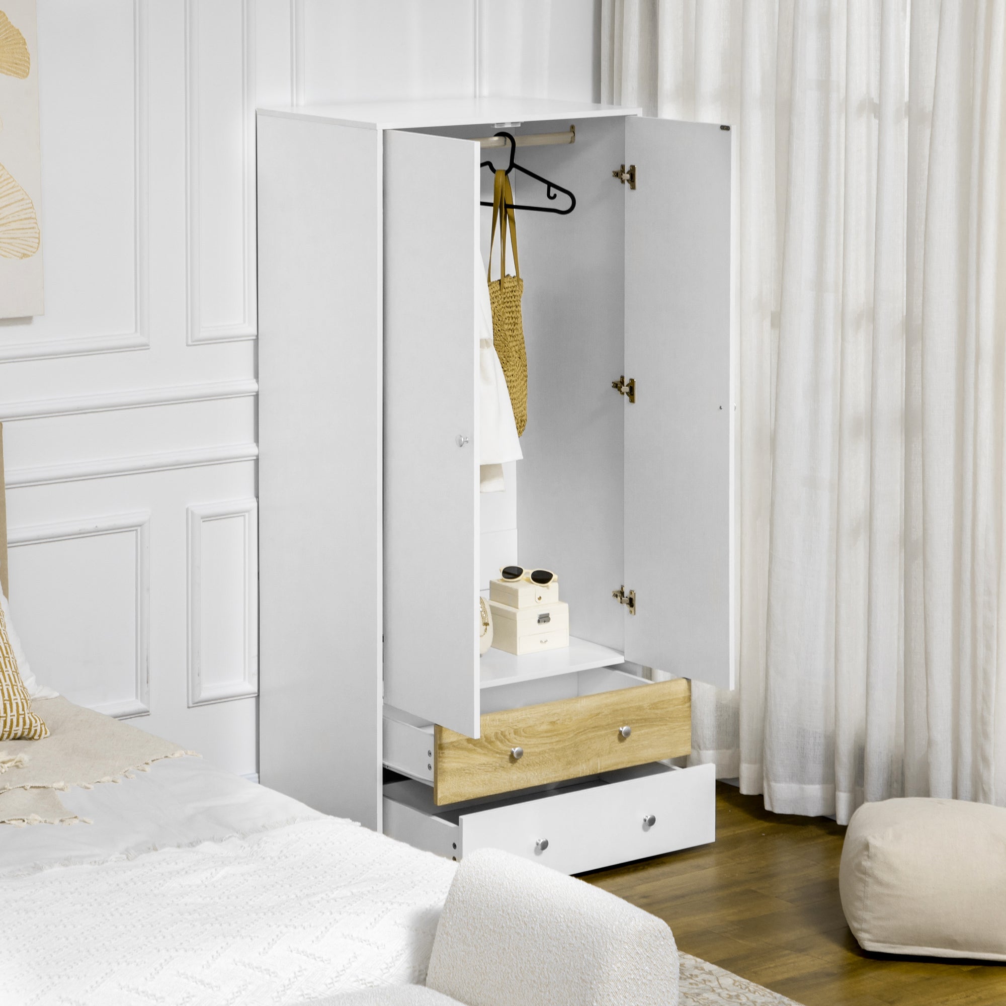 2-Door Wardrobe with 2 Drawers, Hanging Rod and Anti-tipping Straps for Bedroom Clothes Storage Organisation, White
