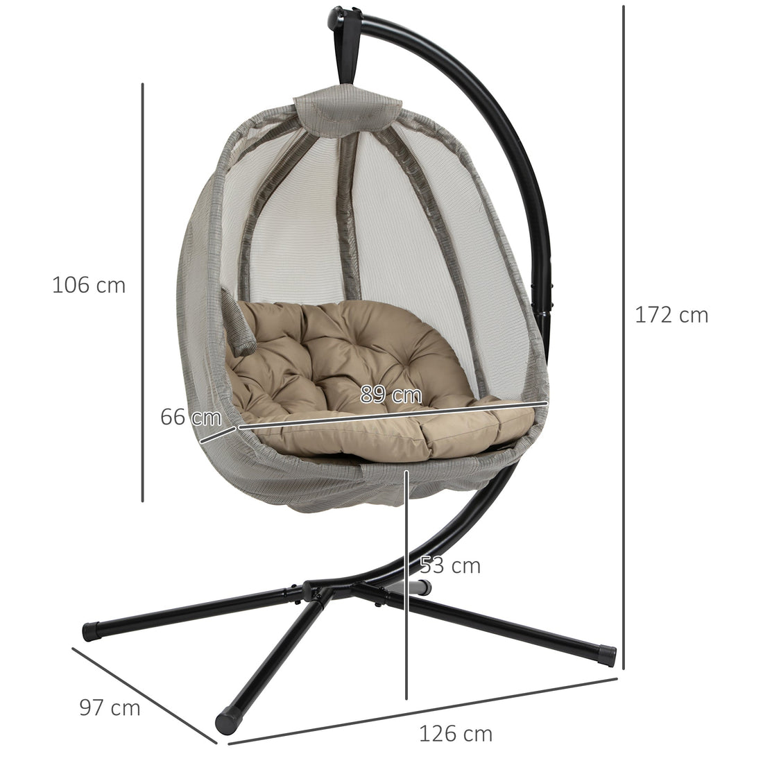 Hanging Egg Chair, Folding Texteline Swing Hammock with Side Pocket, Cushion and Stand for Indoor Outdoor, Patio Garden Furniture, Khaki