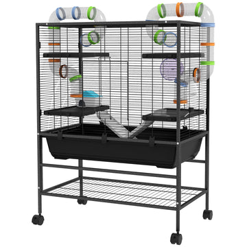 Large Hamster Cage, Gerbil Cage with Tubes, Storage Shelf, Ramps, Platforms, Running Wheel - Black