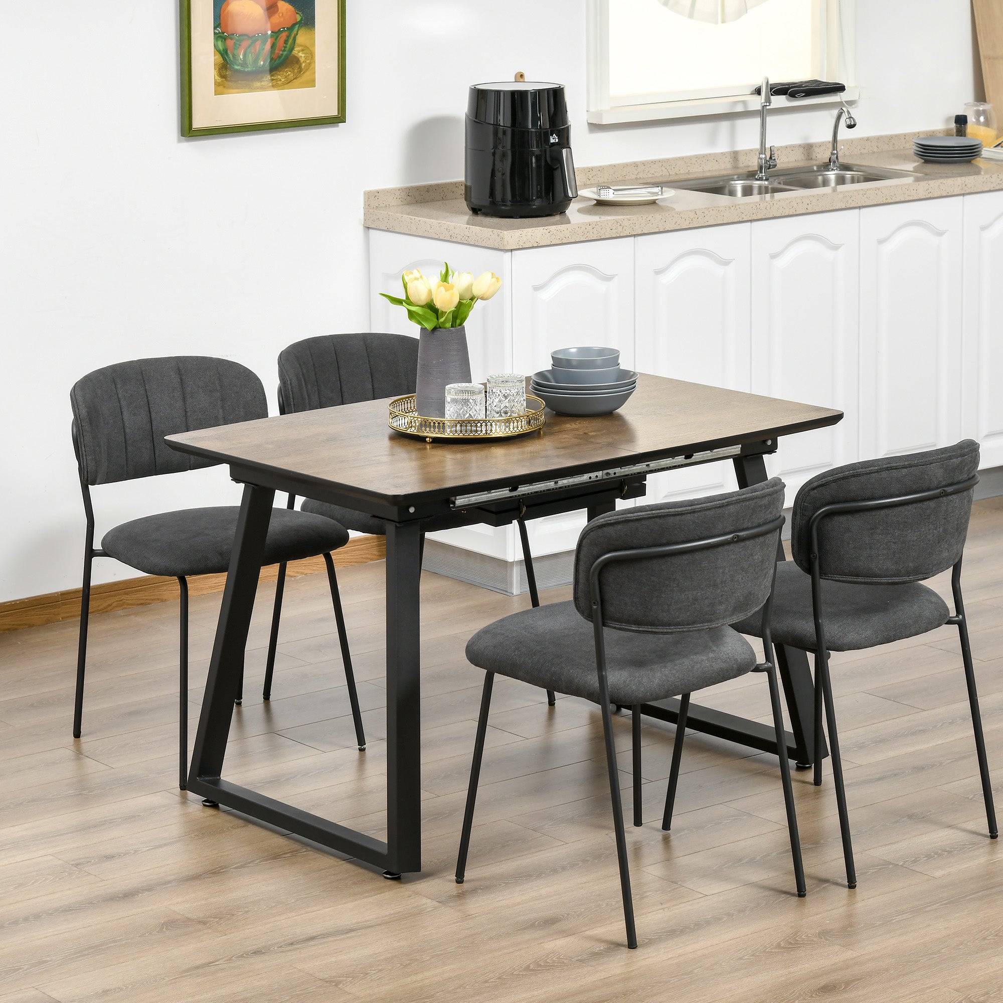 Extendable Dining Table Rectangular Wood Effect Tabletop for 4-6 People with Steel Frame & Hidden Leaves for Kitchen, Dining Room, Living Room