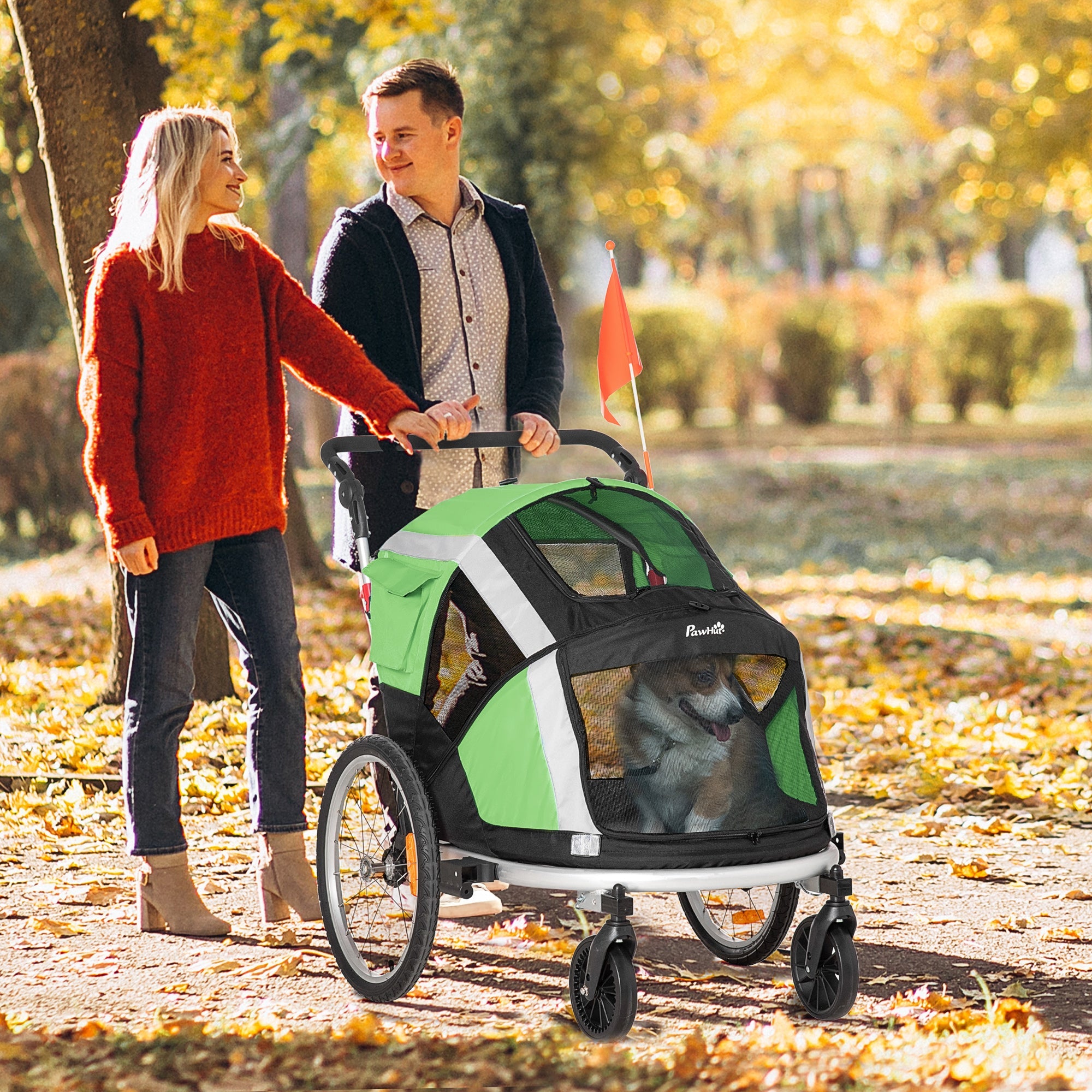 Dog Bike Trailer 2-in-1 Pet Stroller for Large Dogs Cart Foldable Bicycle Carrier Aluminium Frame with Safety Leash Hitch Coupler Reflector Flag Green