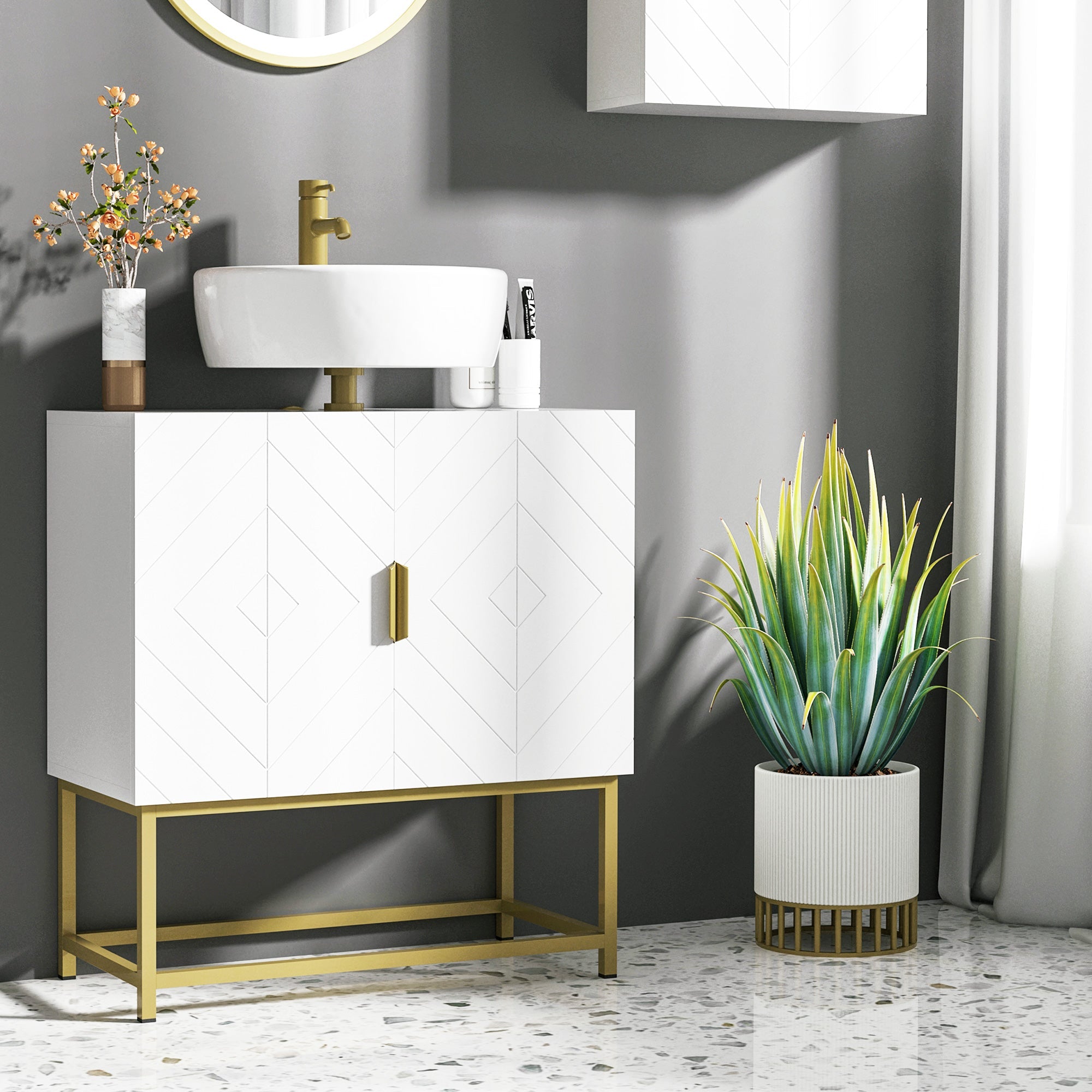 Bathroom Mirror Cabinet Under Sink Storage Cabinet Basin Cupboard with 2 Doors and Gold Steel Legs