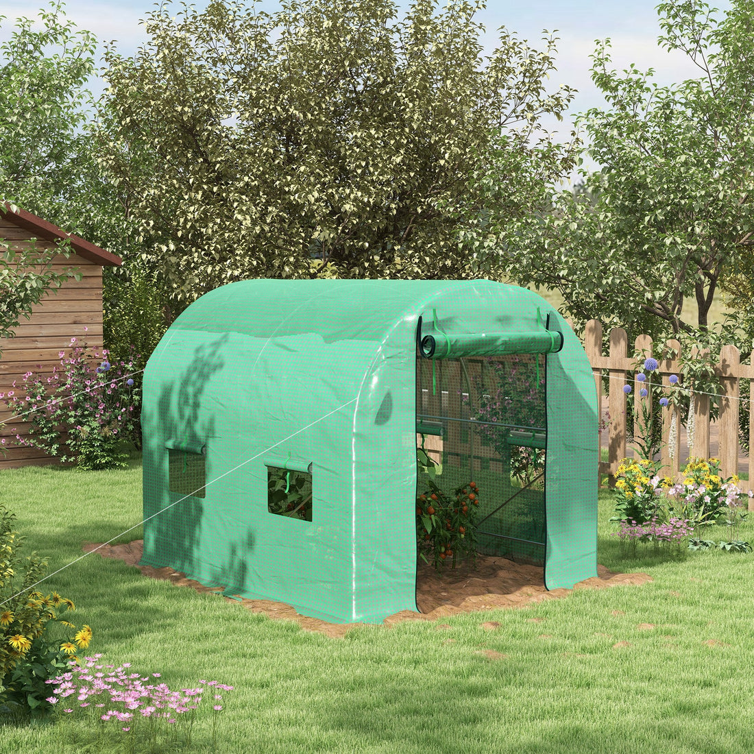 Walk-In Garden Polytunnel Greenhouse with Steel Frame, PE Cover, Roll-Up Door and 4 Windows, 2.5 x 2m, Green