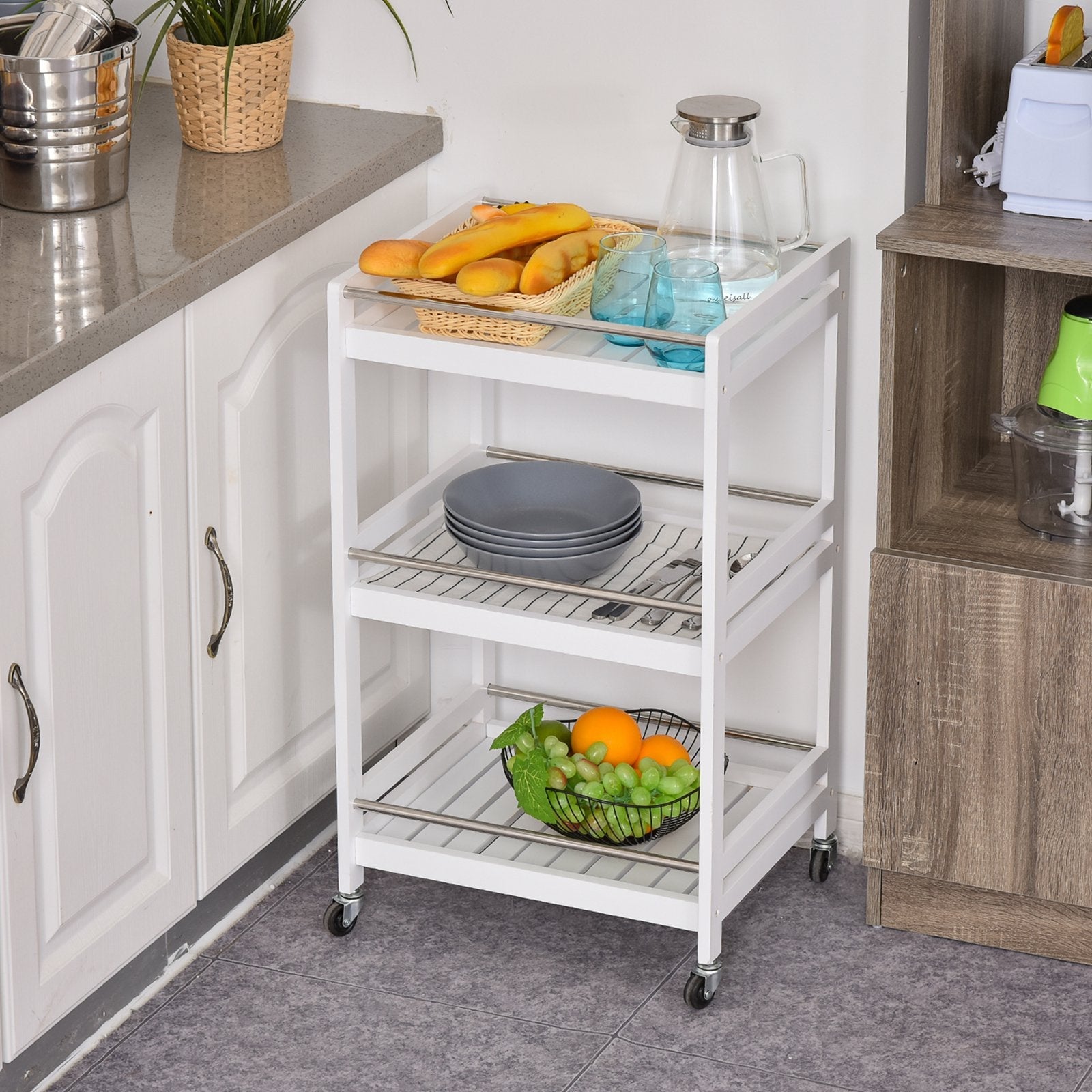 HOMCOM 3-Tier Home Trolley Kitchen Storage w/ Steel Bars 4 Wheels Rolling Unit Organiser Living Room White