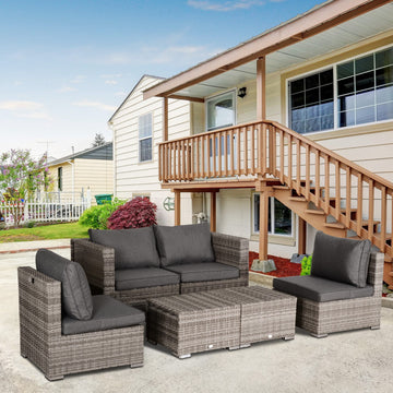 8 Pieces Rattan Garden Furniture Set, Garden Corner Sofa Set with 4 Chairs, 2 Footstools, 2 Coffee Tables and Cushions, Space-Saving Design, No Assembly Required, Grey