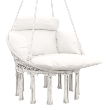 Hanging Chair Outdoor Hammock Chair with Soft Cushion, Cotton Rope Boho Style Swing Chair, Hanging Garden Swing Seat for Indoor Outdoor, Cream White