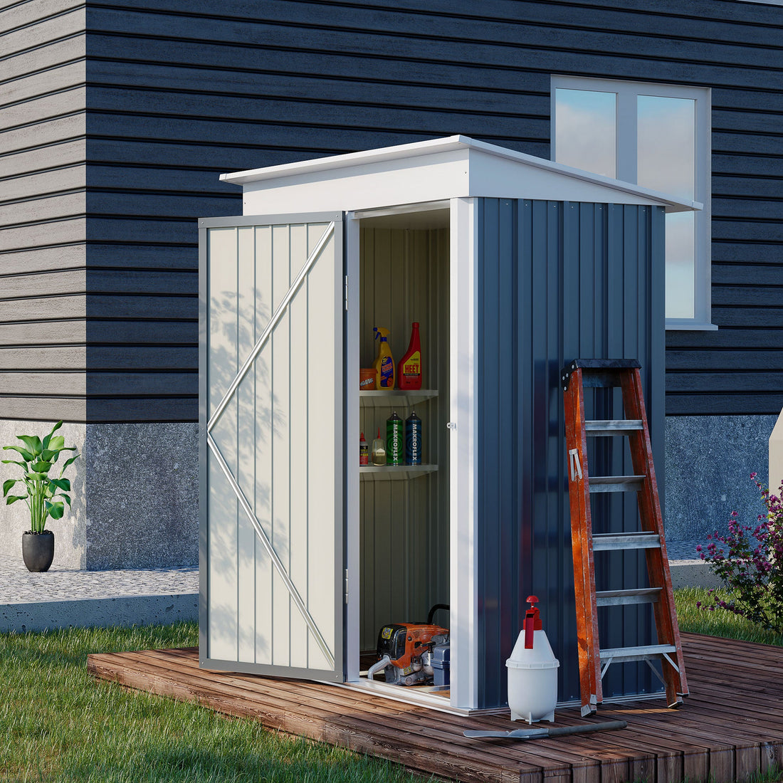Metal Garden Shed, Outdoor Lean-to Shed for Tool Motor Bike, with Adjustable Shelf, Lock, Gloves, 5'x3'x6', Dark Grey