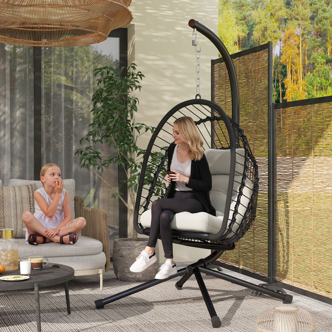 Outdoor PE Rattan Swing Chair with Foldable Basket and Cushion, Garden Patio Hanging Egg Chair with Metal Stand, Headrest for Indoor and Outdoor, Black
