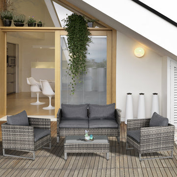 4 Pieces PE Rattan Garden Furniture with Cushion, Outdoor Wicker Conservatory Sofa Set w/ Armchairs, Loveseat, Glass Top Coffee Table, Dark Drey