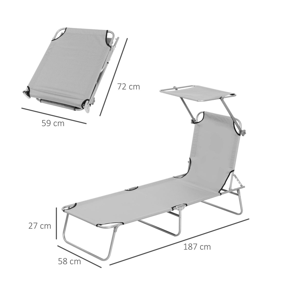 Outdoor Foldable Sun Lounger, 4 Level Adjustable Backrest Reclining Sun Lounger Chair with Angle Adjust Sun Shade Awning for Beach, Garden, Patio, Light Grey