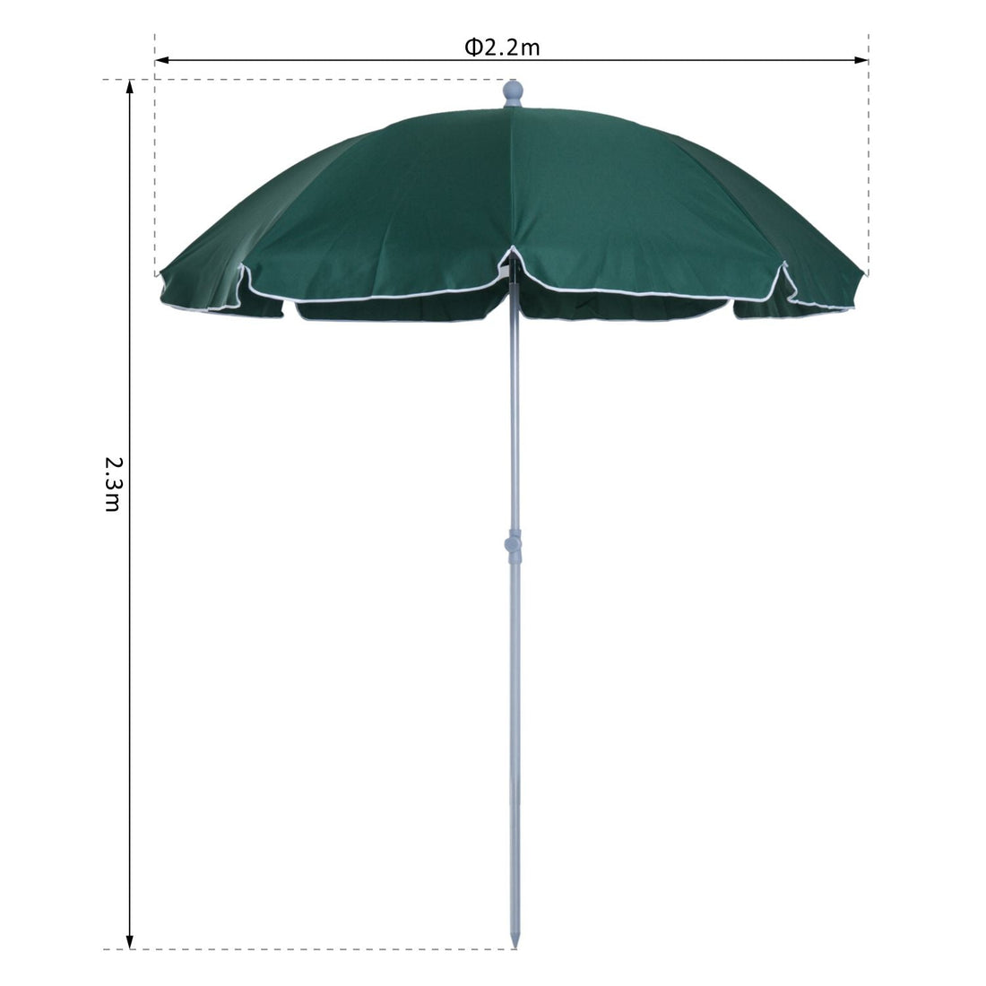 2.2m Beach Umbrella, Portable Parasol with Tilting Function, Outdoor Sunshade Shelter with 8 Ribs, Green