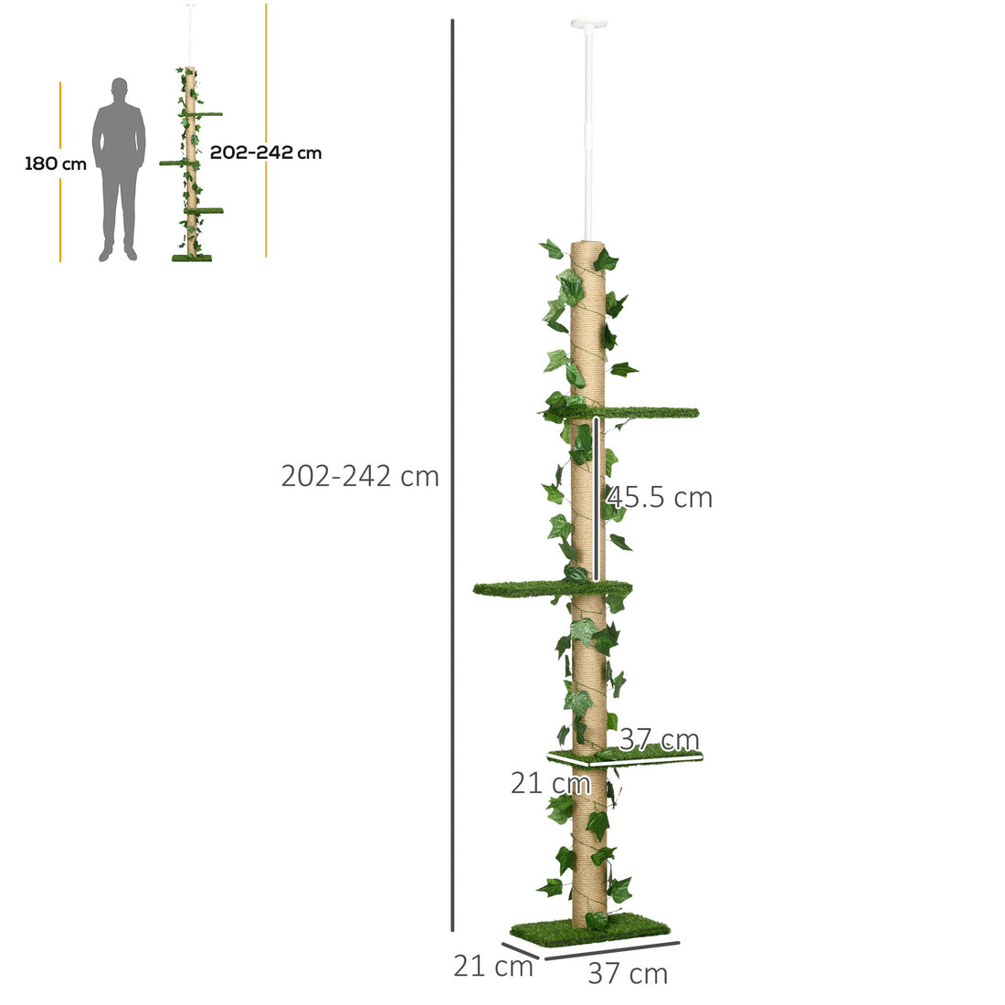 242cm Adjustable Floor-To-Ceiling Cat Tree, with Artificial Decoration, Perches, Anti-Slip Kit - Green