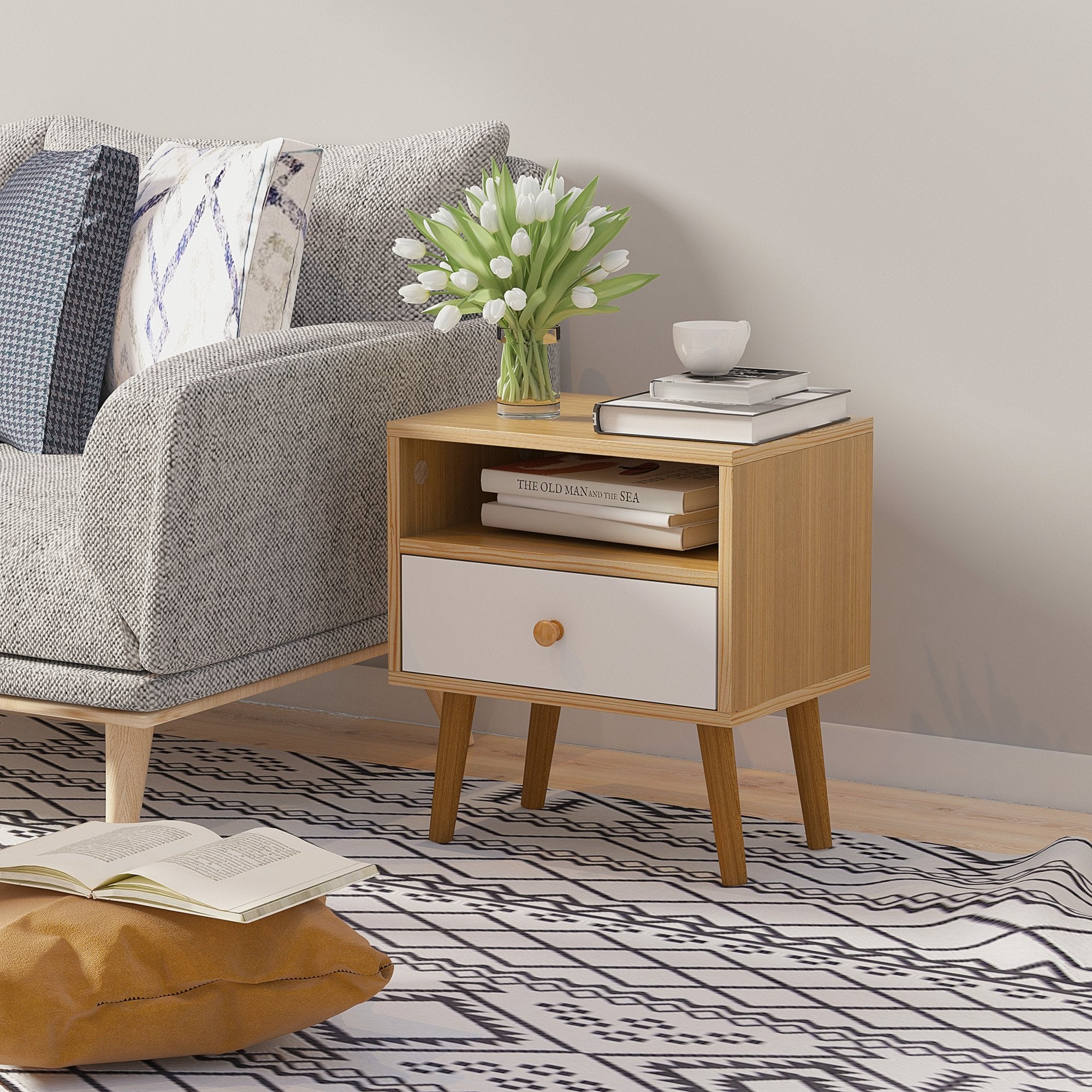 Bedside Table, Bedside Cabinet with Drawer and Shelf, Modern Nightstand, End Table for Living Room, Bedroom, Natural