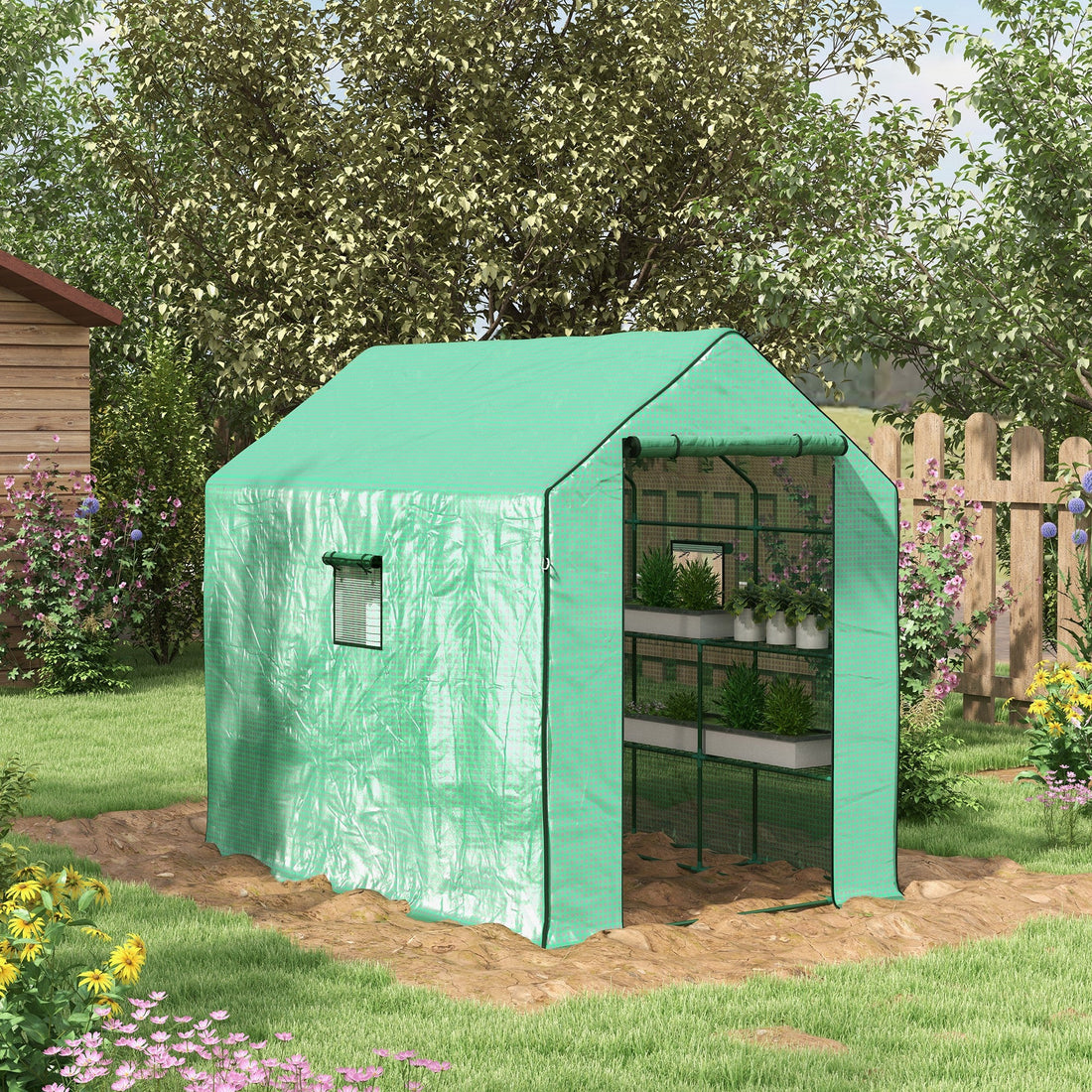 Walk-in Greenhouse with 3 Tier 12 Shelves, Small Greenhouse with Reinforced PE Cover, Garden Plant Growhouse with Roll-up Door and Three Mesh Windows, 140 x 213 x 190 cm, Green