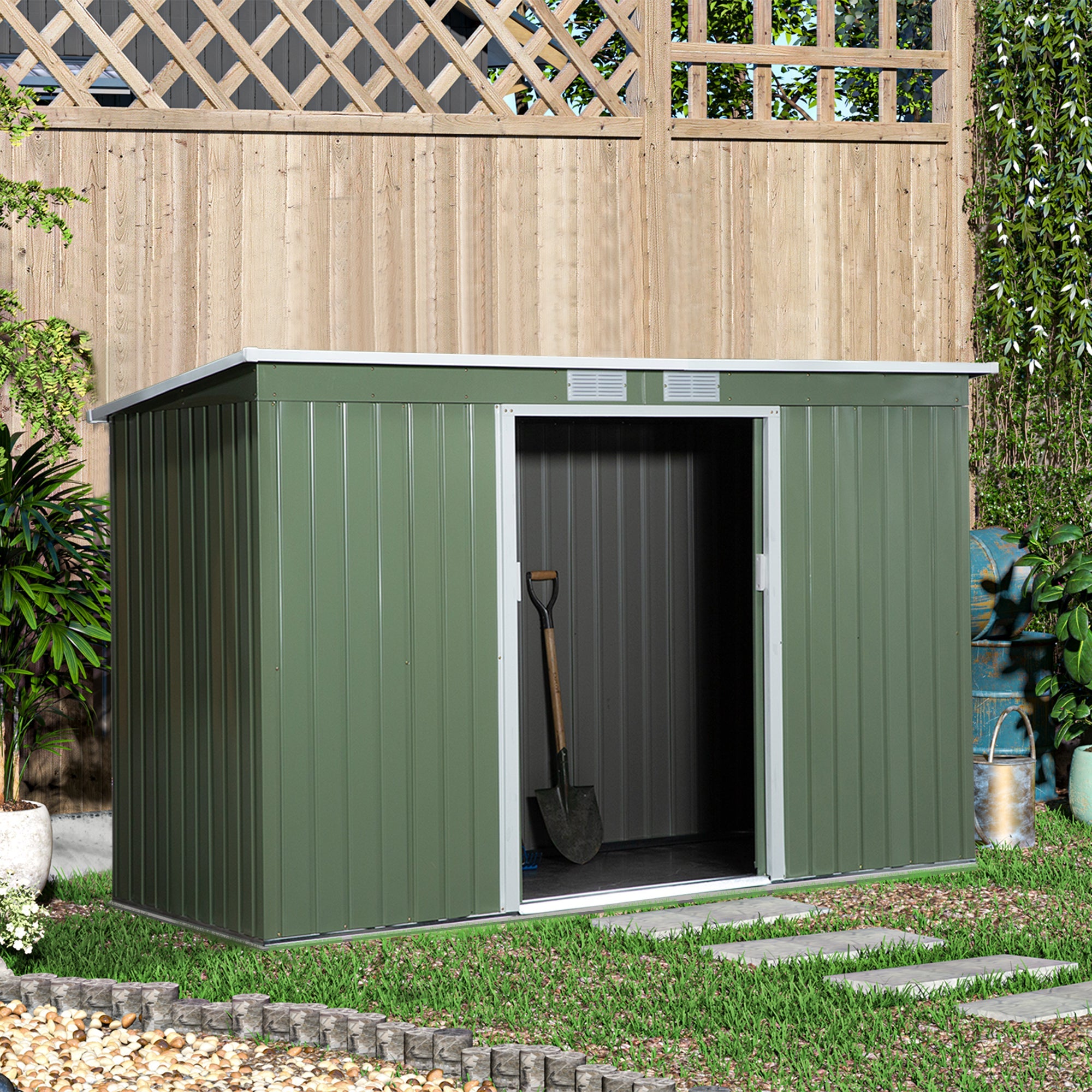 9ft x 4ft Metal Garden Shed, Outdoor Tool House with Foundation Kit, Ventilations and Double Doors, Light Green