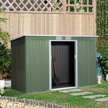 9ft x 4ft Metal Garden Shed, Outdoor Tool House with Foundation Kit, Ventilations and Double Doors, Light Green