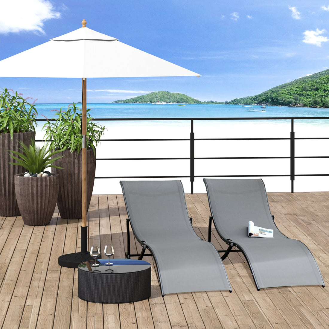 Set of 2 S-shaped Foldable Lounge Chair Sun Lounger Reclining Outdoor Chair for Patio Beach Garden, Grey