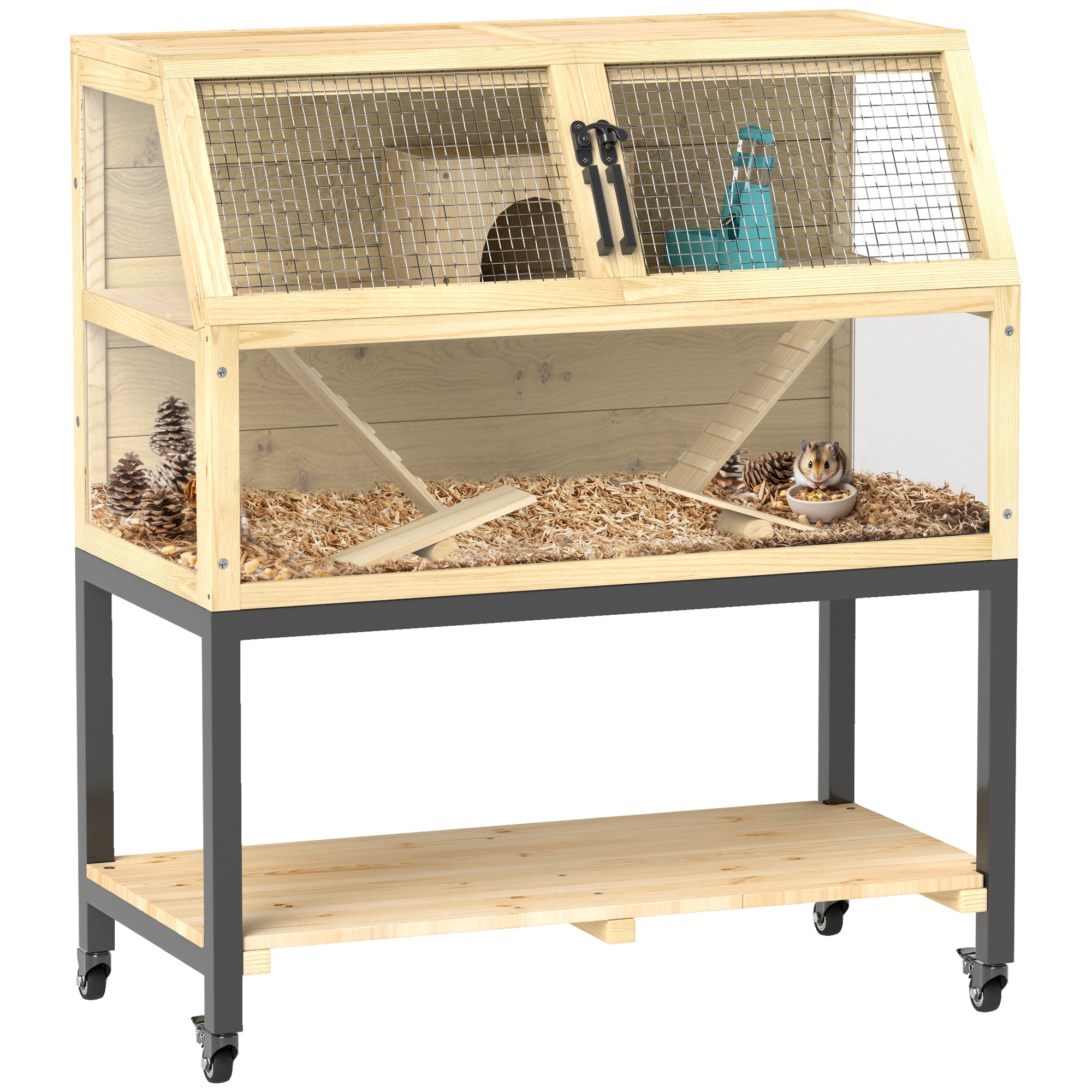 Wooden Hamster Cage with Storage Shelf, Wheels, Ramps, Water Bottle, Hut, Seesaws