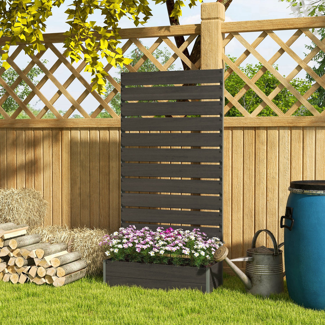 Raised Bed for Garden, Planter with Trellis for Climbing Plants, Vines, Planter Box with Drainage Gap, Black