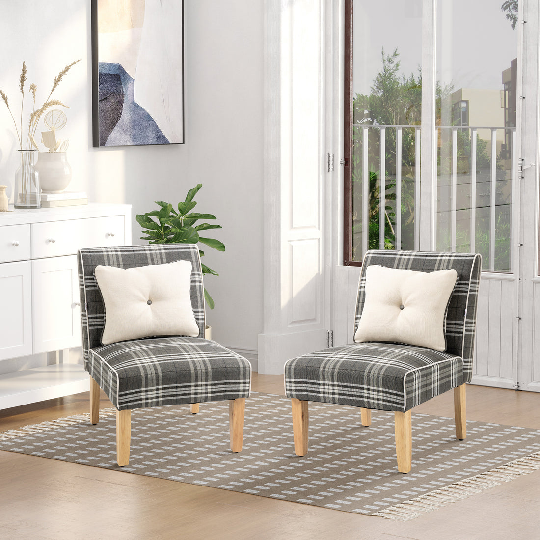 Modern Dining Chairs Set of 2, Accent Chair with Patterned Upholstery, Throw Pillows and Rubber Wood Legs, for Kitchen Living Room, Grey