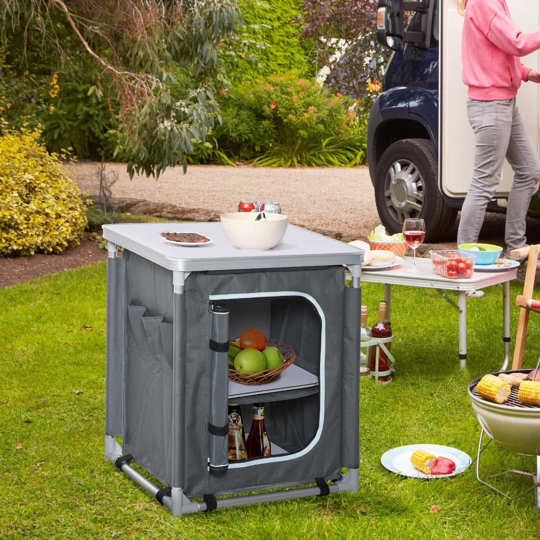 Aluminum Camping Cupboard, Camping Kitchen Station Cook Table with 3-Shelf, Storage Organiser for BBQ Party Picnic