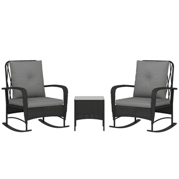 Three-Piece Rocking Chair Rattan Bistro Set - Black