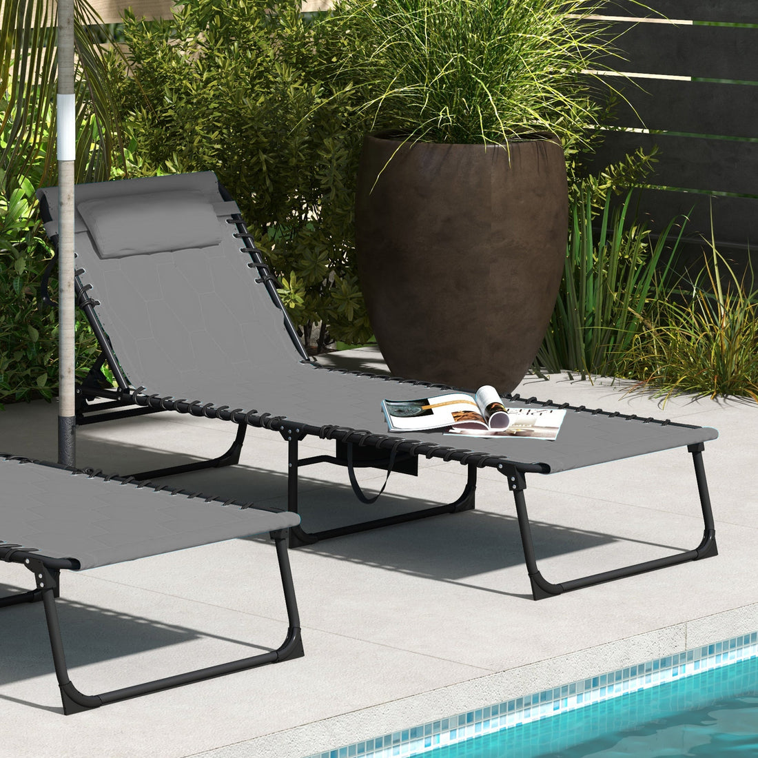 Foldable Sun Lounger with 5-level Reclining Back, Outdoor Tanning Chair Sun Lounger with Build-in Padded Seat, Side Pocket, Headrest for Beach, Yard, Patio, Grey