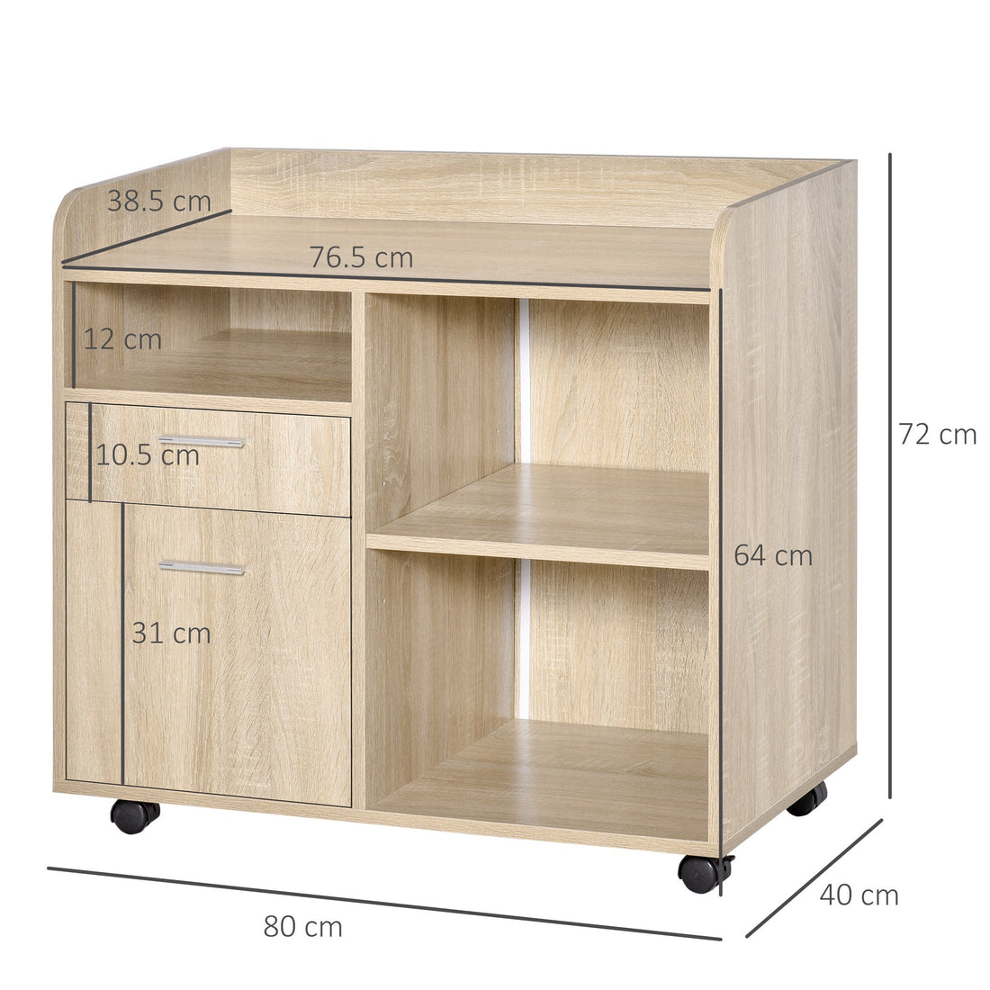 Multipurpose Filing Cabinet, Printer Stand with 2 Drawers, Open Adjustable Storage Shelves for Home Office, Living Room, File Cabinet with Hanging Bar for A4, Letter Size, Oak