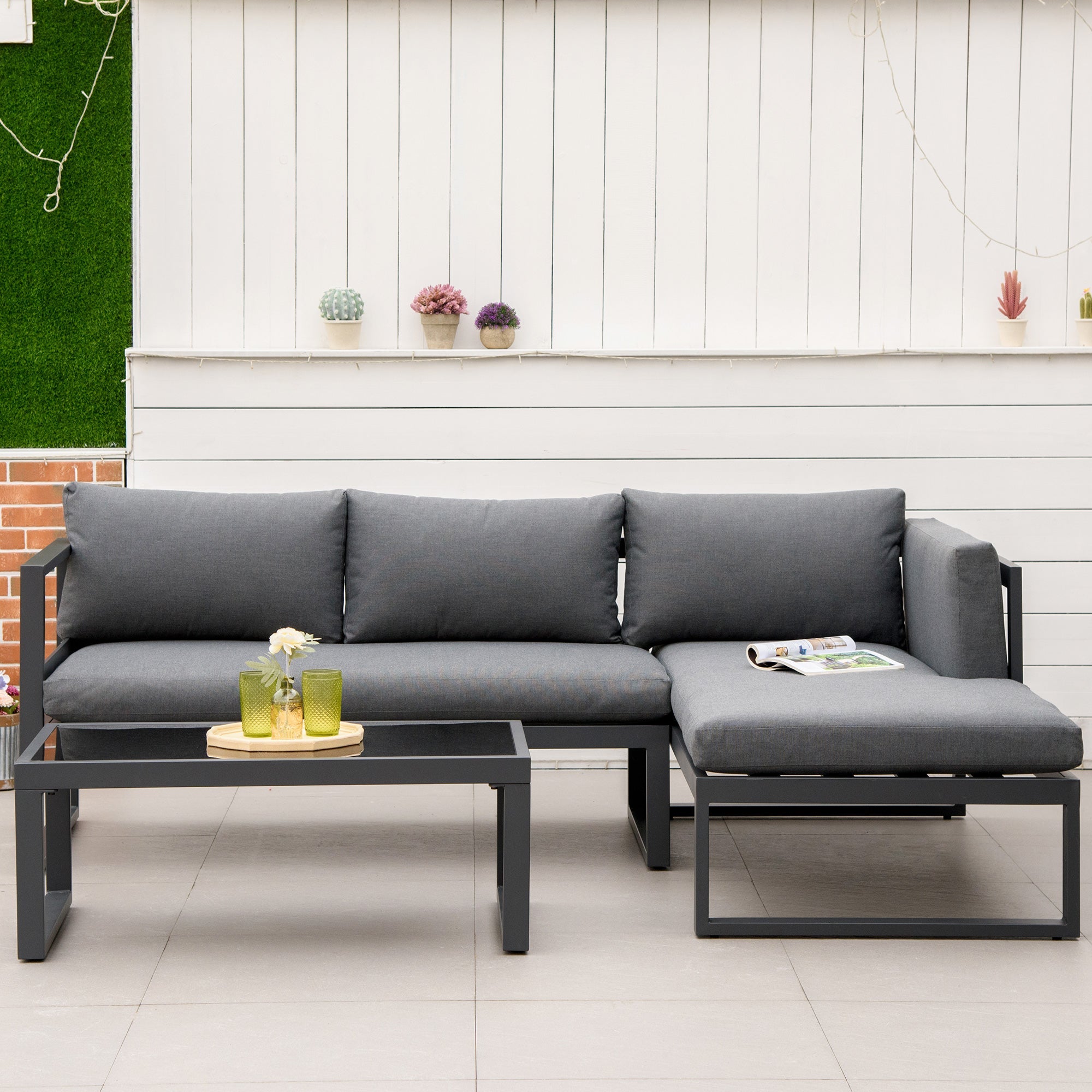3 PCs L-shape Aluminium Garden Corner Sofa Set with Padded Cushions, Outdoor Conversation Furniture Set with Glass Coffee Table, Grey