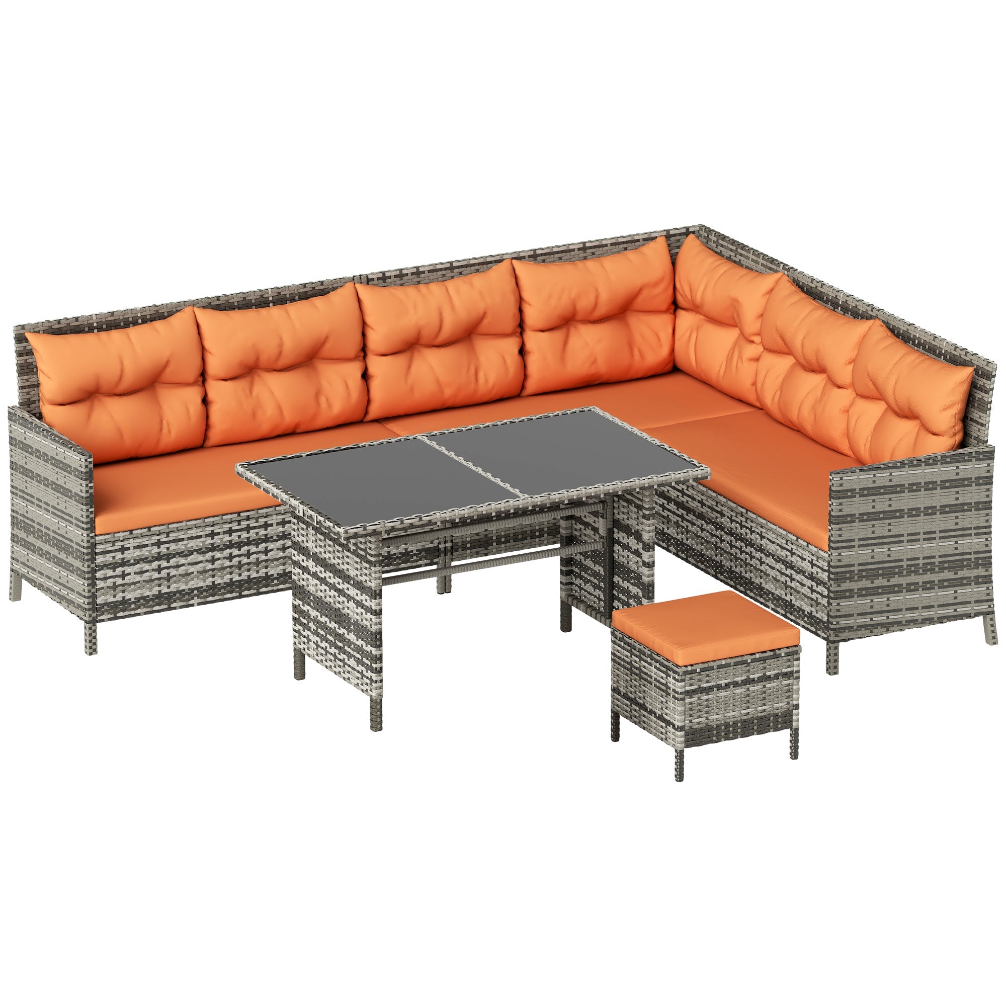7-Seater Patio wicker Sofa Set Rattan Chair Furniture w/ Glass & Cushioned, Orange