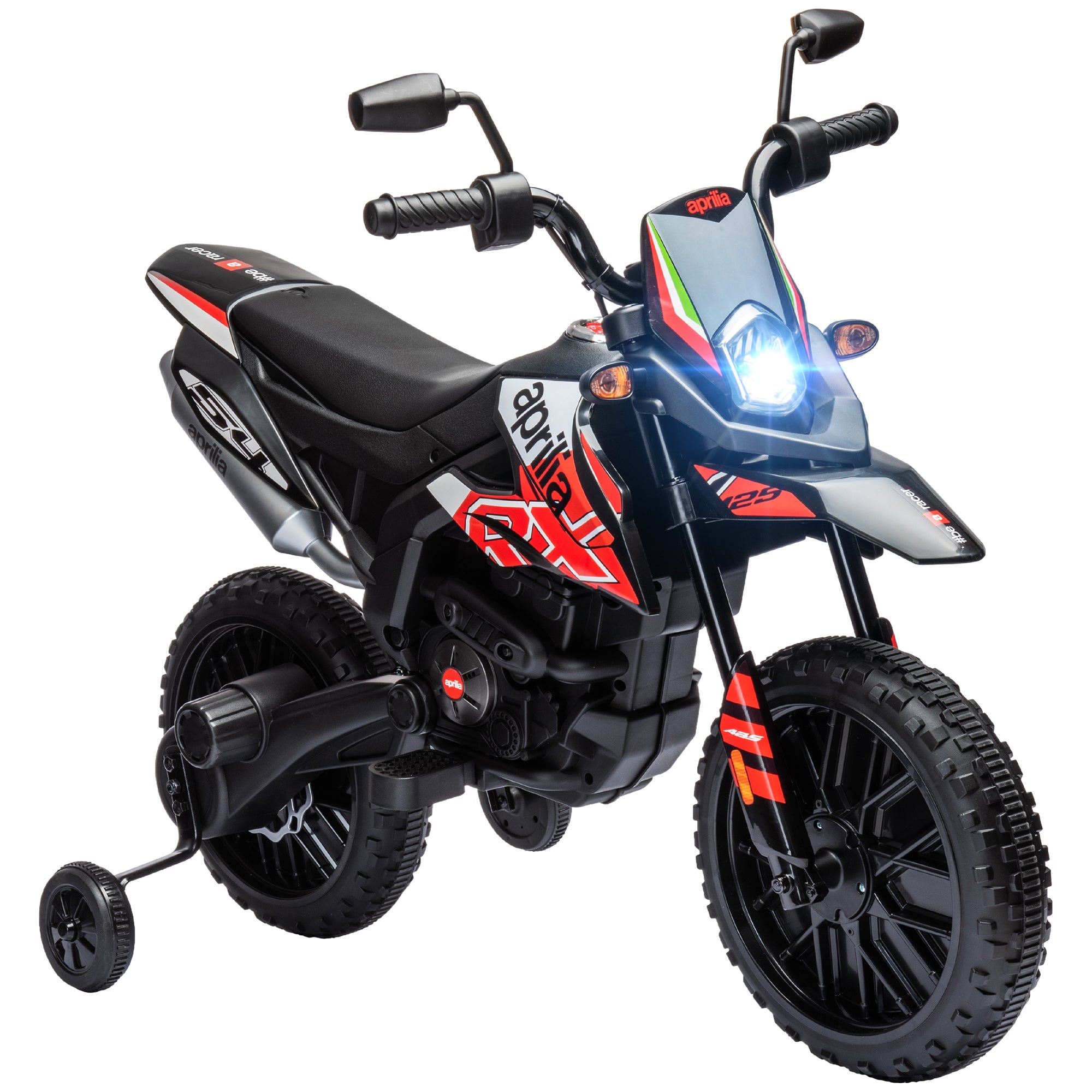 12V Aprilia Licensed Kids Motorbike with Training Wheels, Spring Suspension, LED Headlight, USB, Music, Red/Black