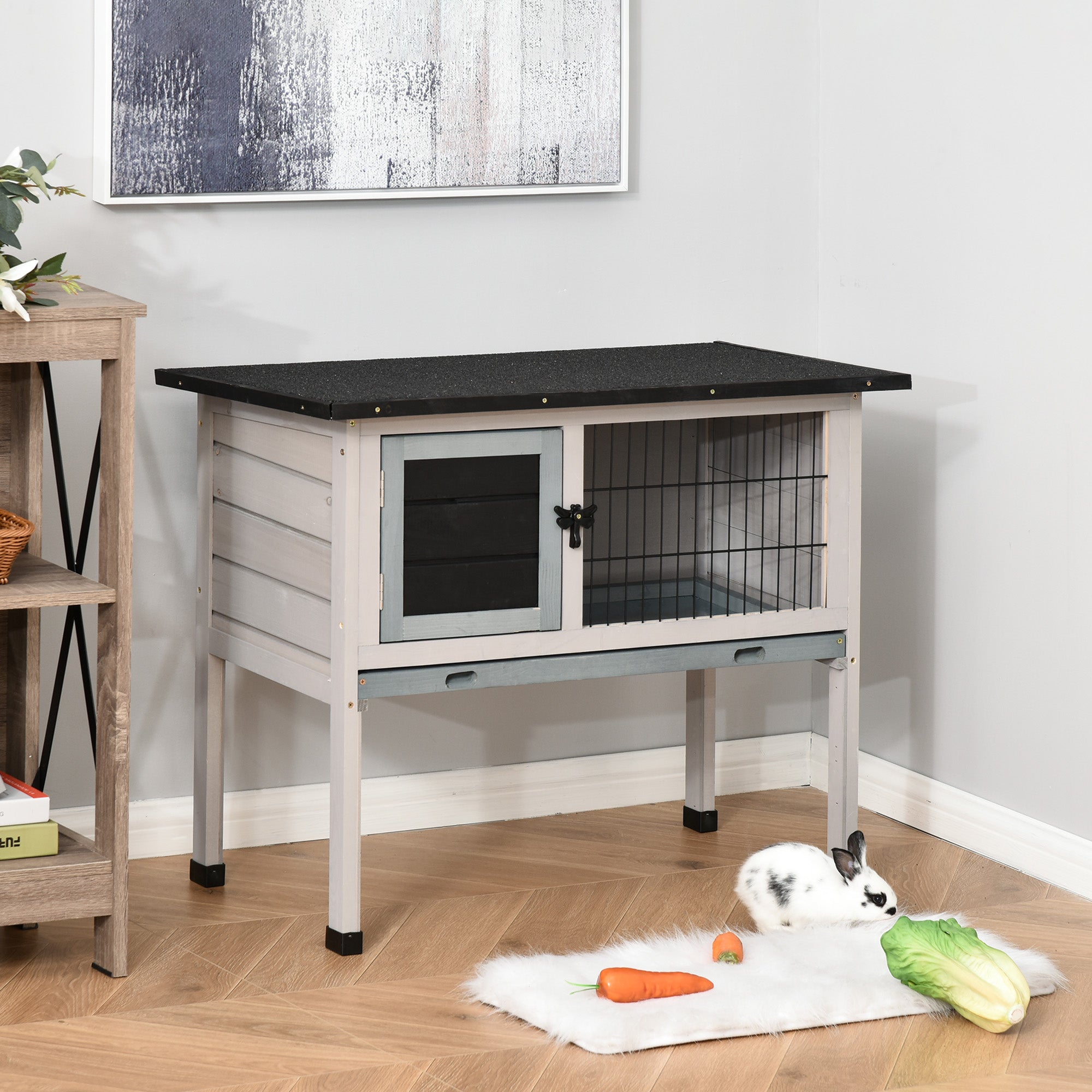 Elevated Fir Wood Guinea Pigs Hutches Tray Openable Asphalt Roof Outdoor Pet Cage Grey