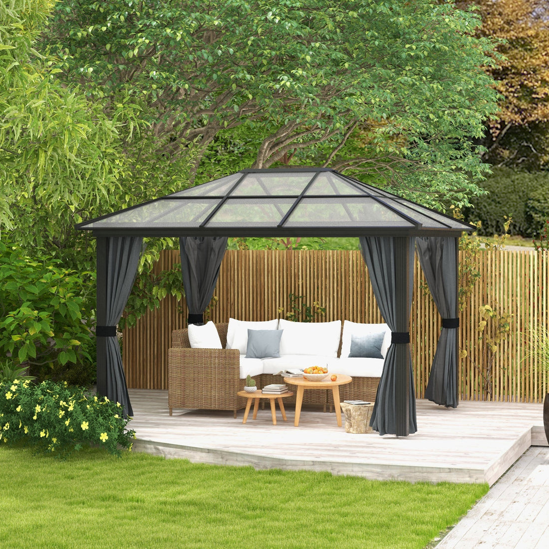 3 x 3.6m Hardtop Gazebo Canopy with Polycarbonate Roof, Aluminium Frame, Permanent Pavilion Garden Gazebo with Netting and Curtains for Patio, Deck, Dark Grey
