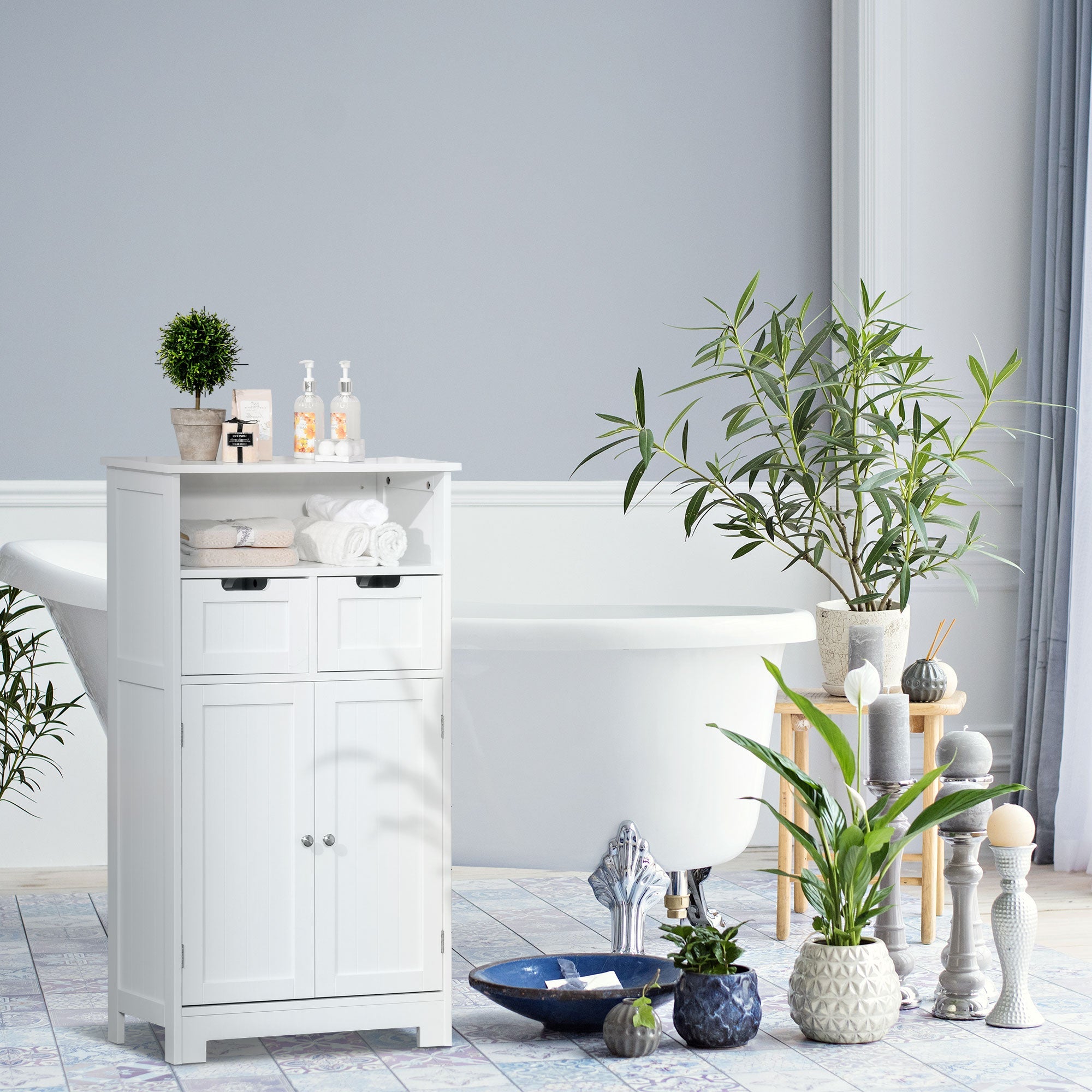 Bathroom Cabinet, Free Standing Bathroom Storage Cabinet with 2 Drawers and Adjustable Shelf, Small Bathroom Storage Unit, White