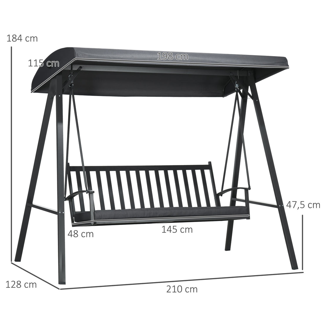 3-Seat Garden Swing Chair, Outdoor Canopy Swing with Removable Cushion, Adjustable Shade, and Slatted Bench, for Porch, Poolside, Backyard, Dark Grey
