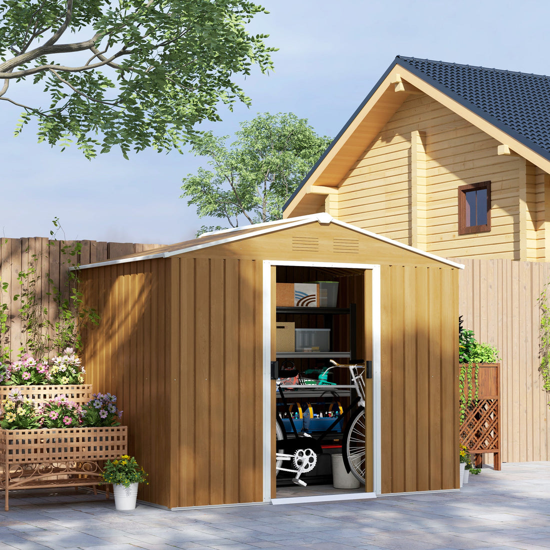 8 x 6ft Galvanised Steel Shed, with Double Door - Brown