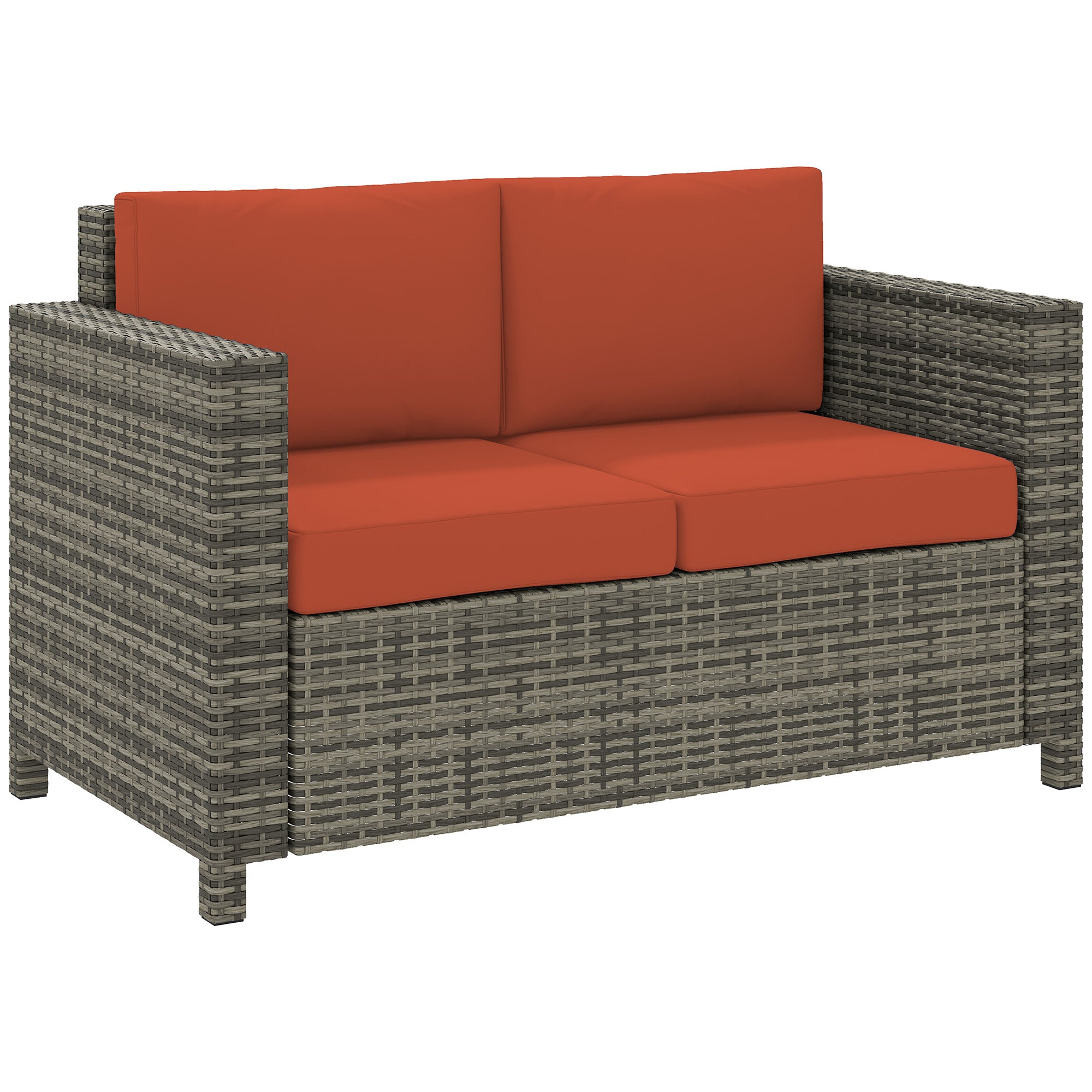 Rattan Sofa, 2 Seater Garden Furniture with Soft Padded Cushion and Armrests, Wicker Garden Loveseat for Patio, Grey