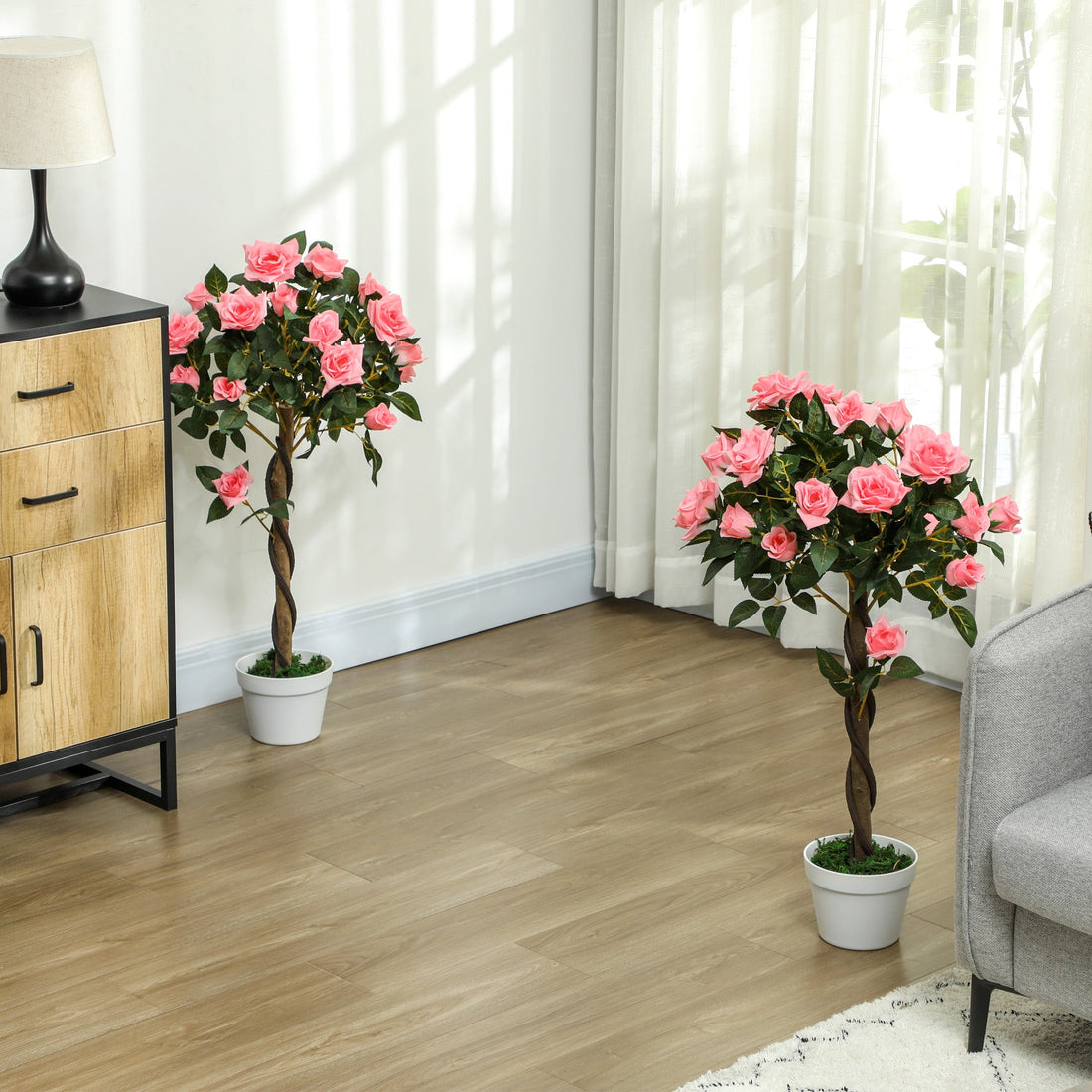 Set of 2 Artificial Plants Pink Rose Floral in Pot, Fake Plants for Home Indoor Outdoor Decor, 90cm
