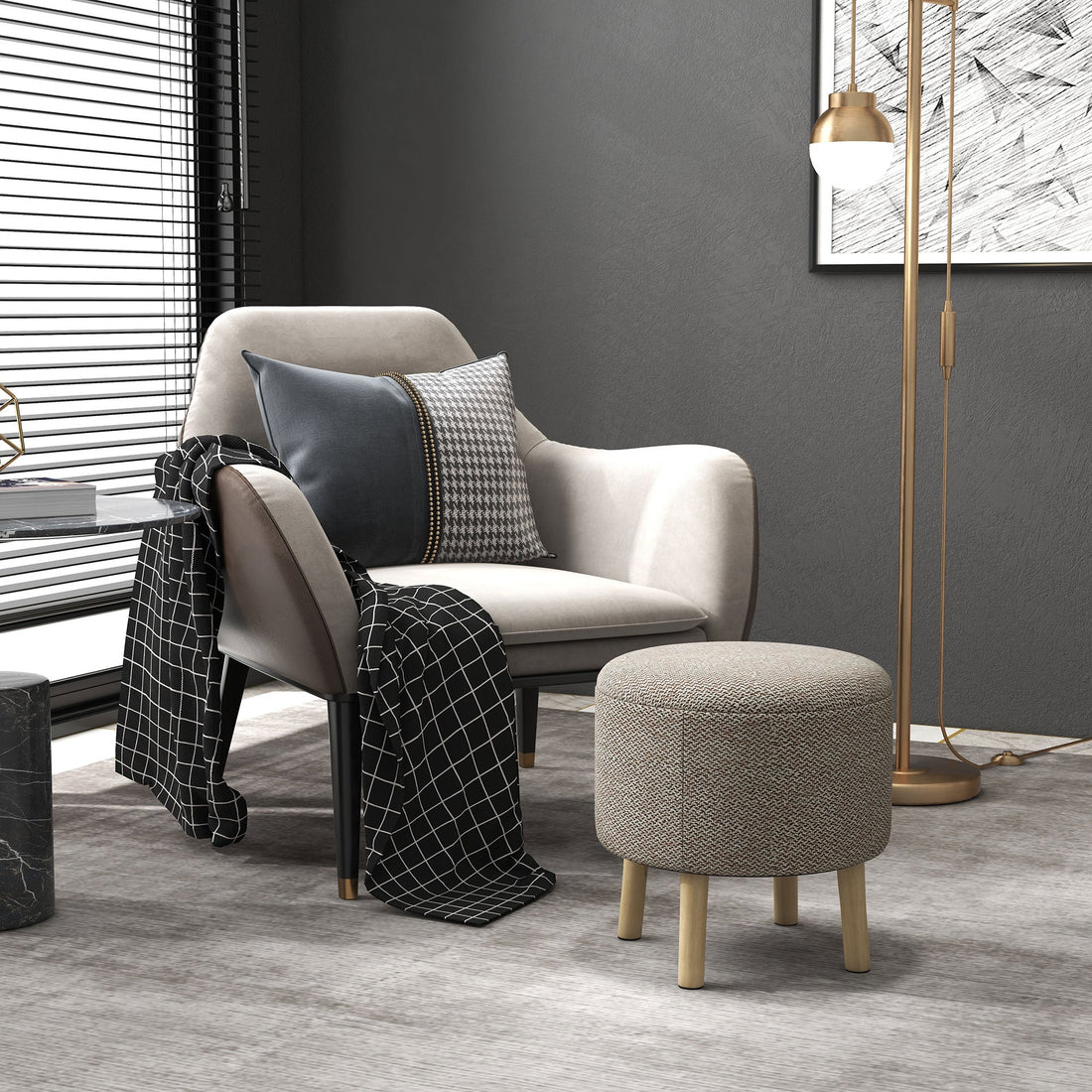 Round Linen-Look Storage Ottoman - Light Grey