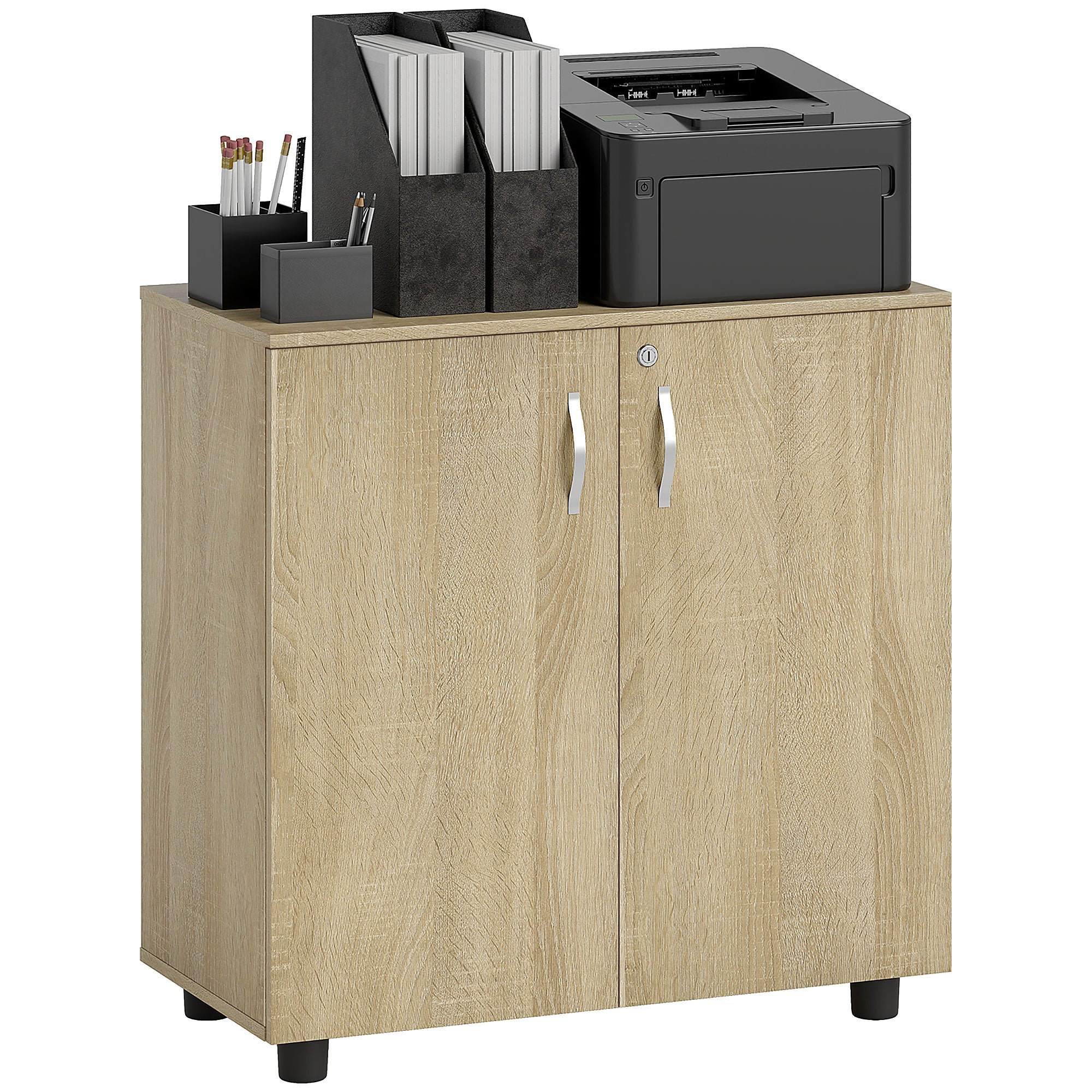 Two-Tier Locking Office Storage Cabinet - Oak