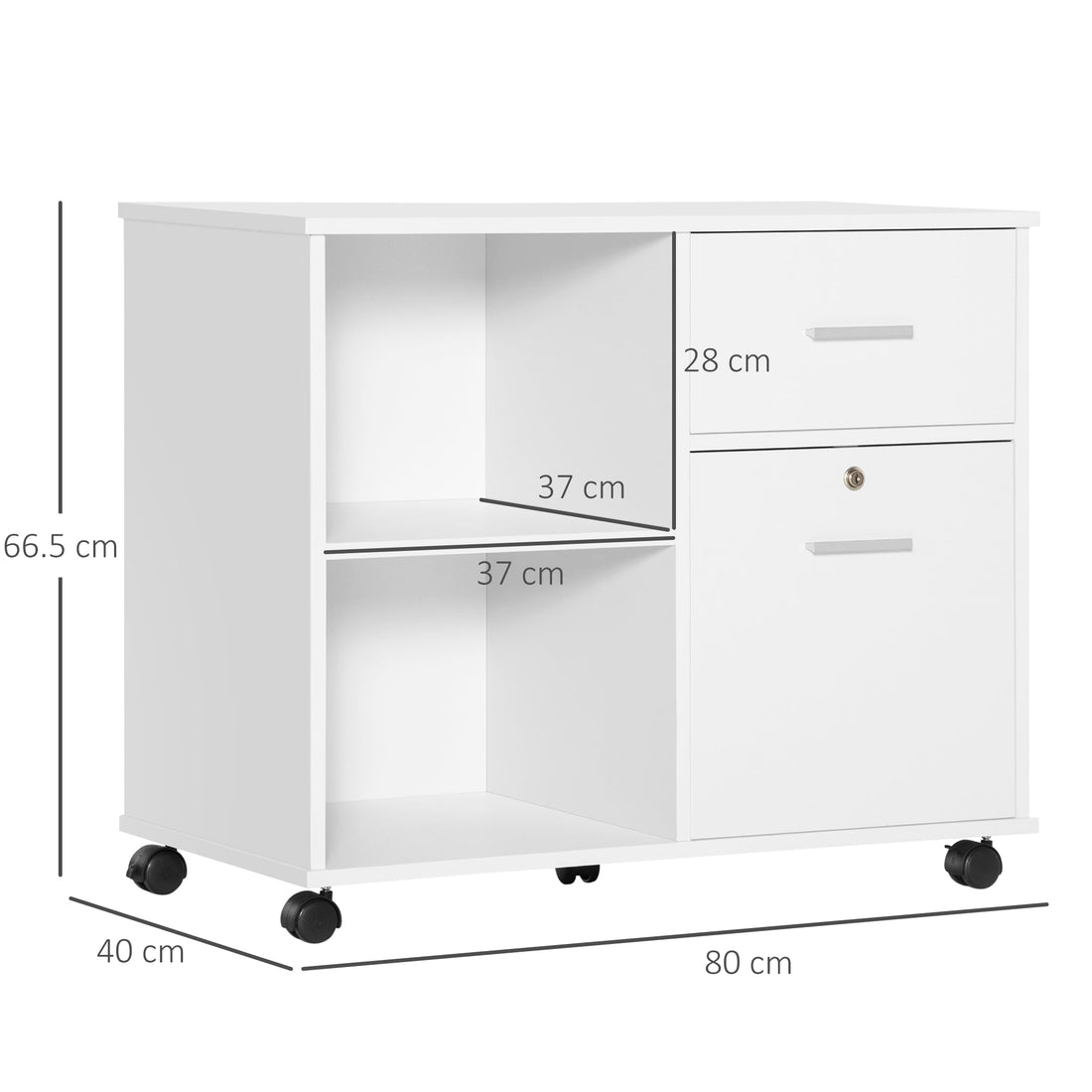 Filing Cabinet with Wheels, Mobile Printer Stand with Open Shelves and Lockable Drawer for A4 Size Documents, White