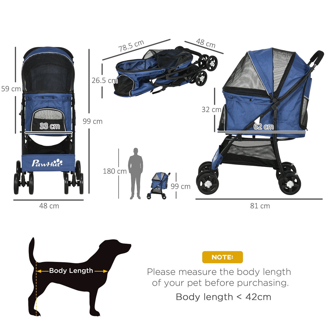 Foldable Pet Stroller for Dogs, Puppy Stroller, with Large Carriage, Brakes, Canopy - Blue