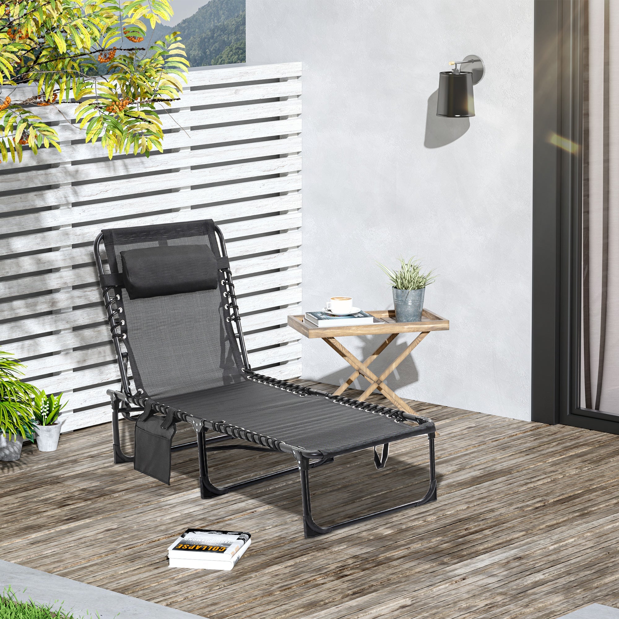 Portable Sun Lounger, Folding Camping Bed Cot, Reclining Lounge Chair 5-position Adjustable Backrest with Side Pocket, Pillow for Patio Garden Beach Pool, Black