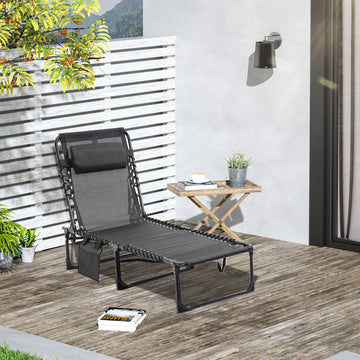 Portable Sun Lounger, Folding Camping Bed Cot, Reclining Lounge Chair 5-position Adjustable Backrest with Side Pocket, Pillow for Patio Garden Beach Pool, Black