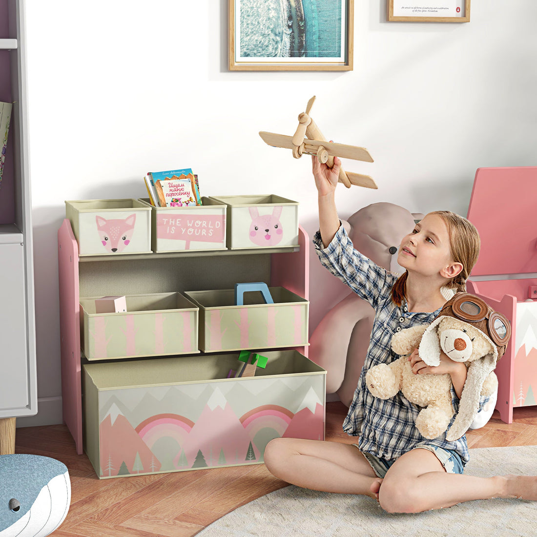 Kids Storage Unit, Toy Storage Organiser, with Six Fabric Bins, for Bedrooms, Playrooms, Nurseries - Pink