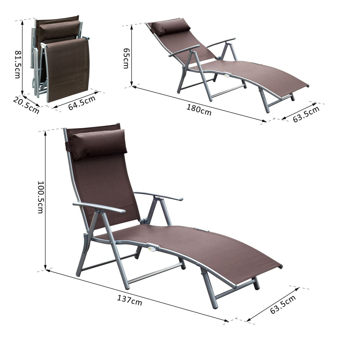 Sun Lounger Steel Frame Outdoor Folding Chaise Texteline Lounge Chair Recliner with Headrest & 7 Levels Adjustable Backrest, Brown